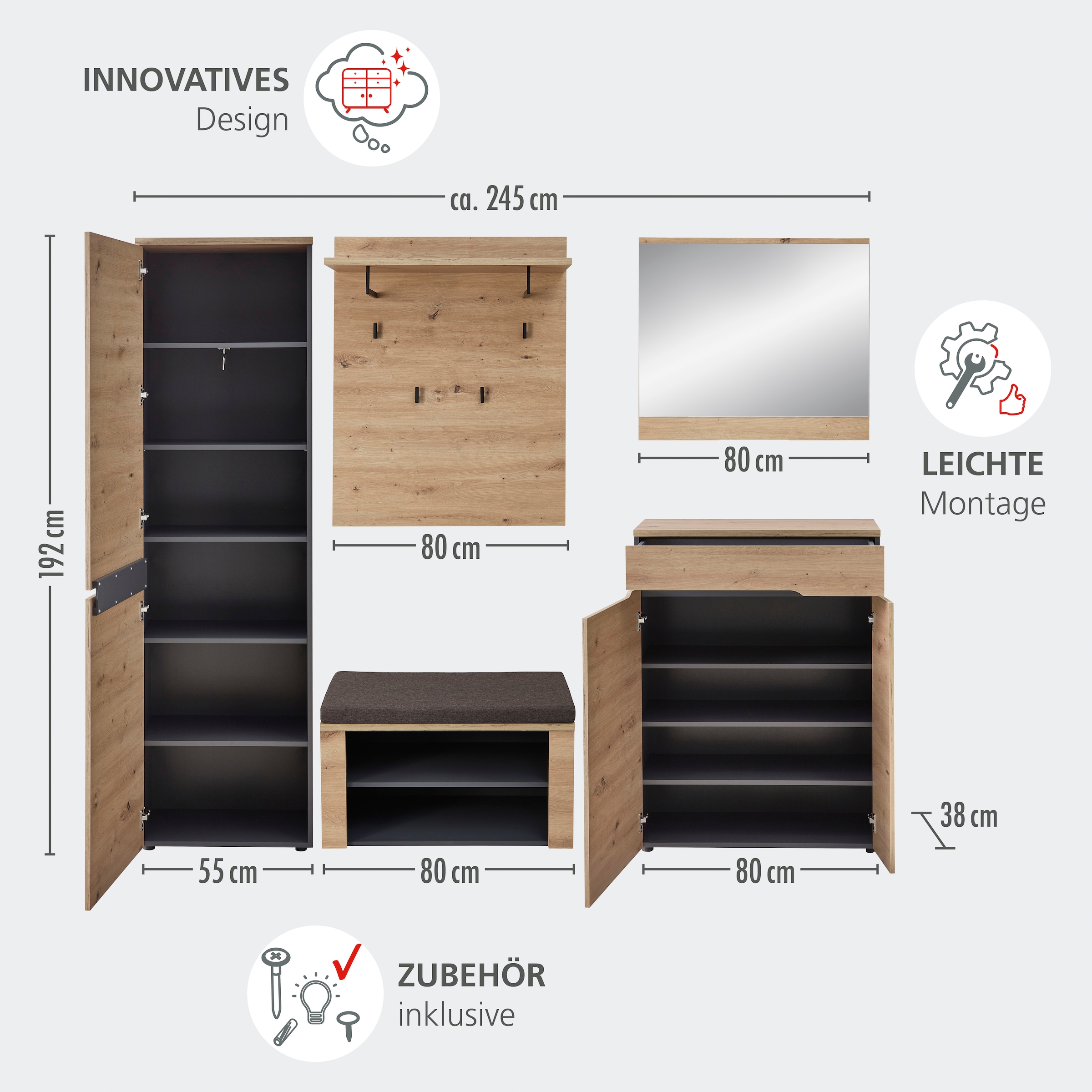OTTO home Schuhschrank »Fargo Schuhschrank, 80/107/38 (B/H/T cm)« 1 Stk. tlg. 2 türig, Schubkasten, Soft Close,