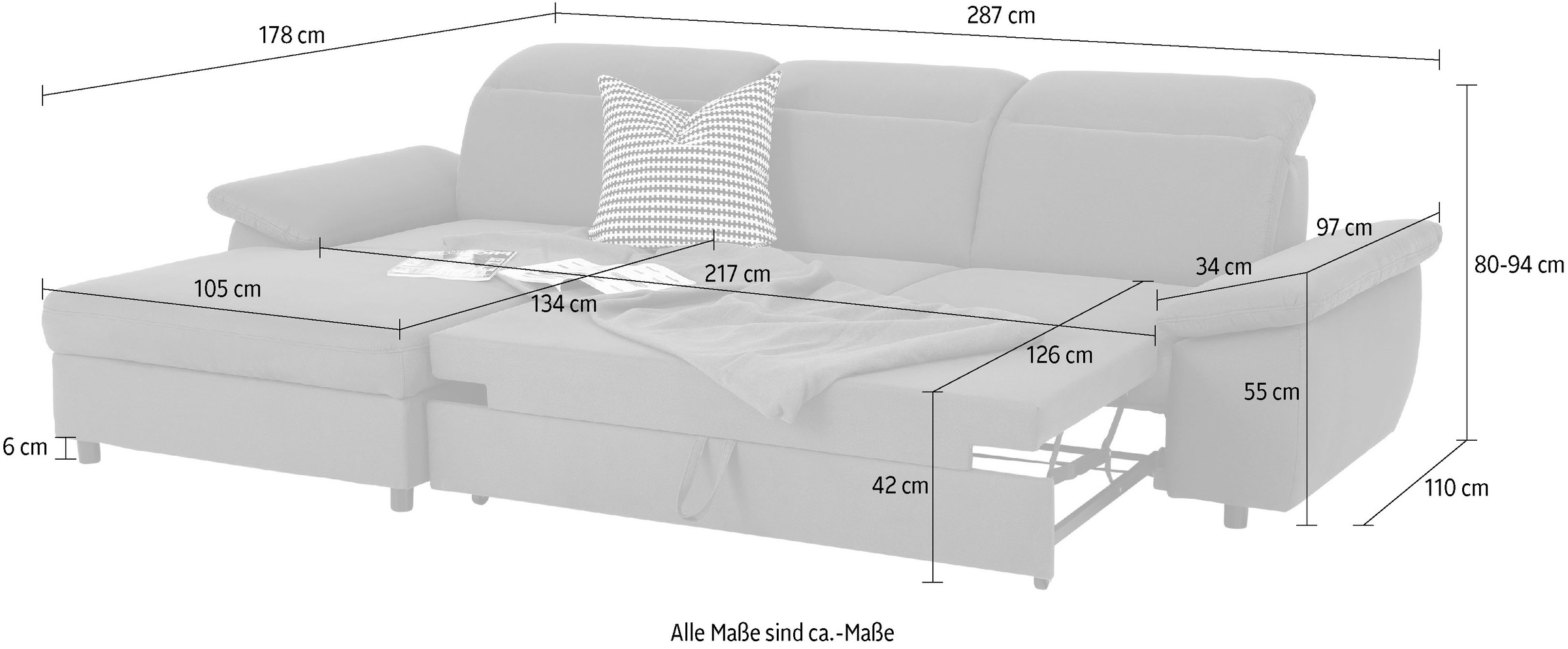Home affaire Ecksofa »Mauritius L-Form«, mit Kopfteil- und Armlehnverstellung, mit Bettfunktion und Bettkasten