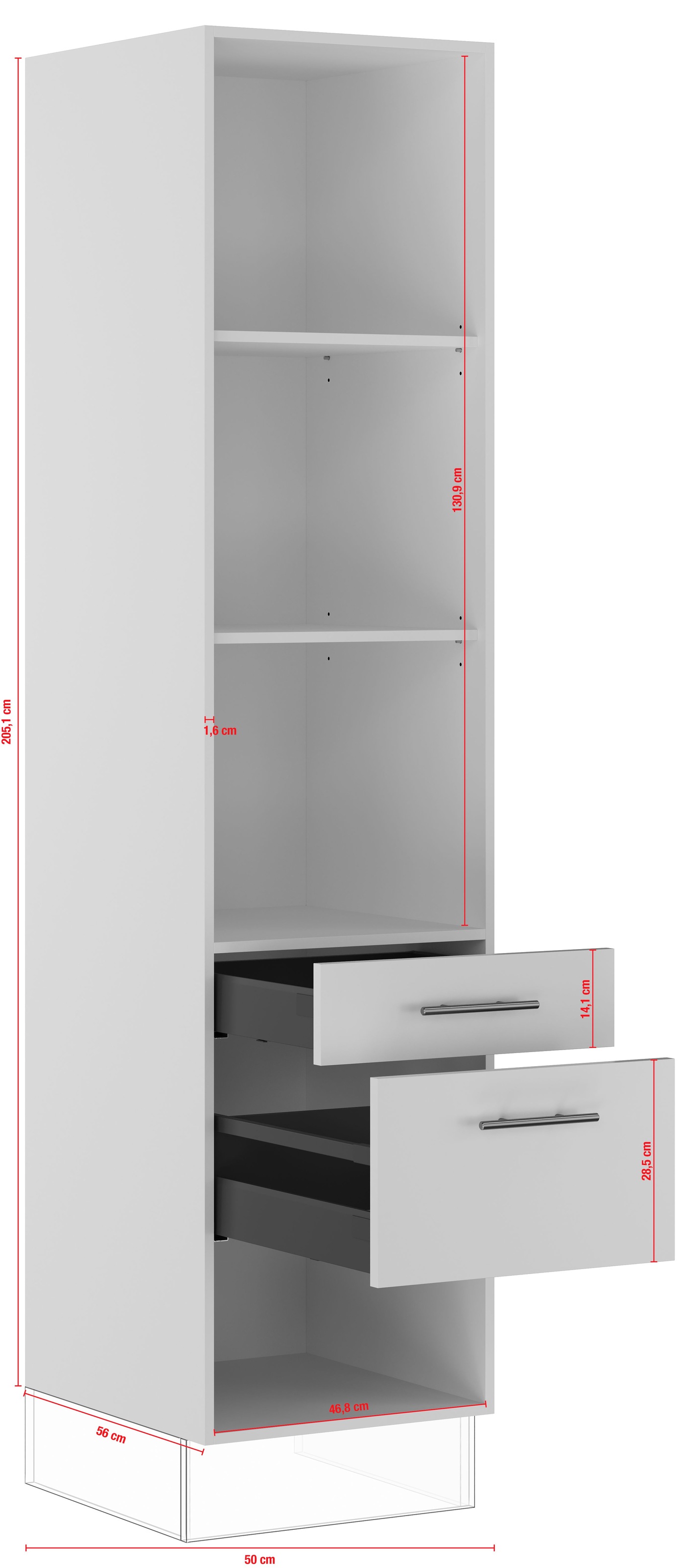 IMPULS KÜCHEN Seitenschrank »"Prag", Breite/Höhe: 50/205,1 cm, mit Soft-Close«, vormontiert, mit Schubkasten, mit Auszug, mit verstellbaren Fachböden
