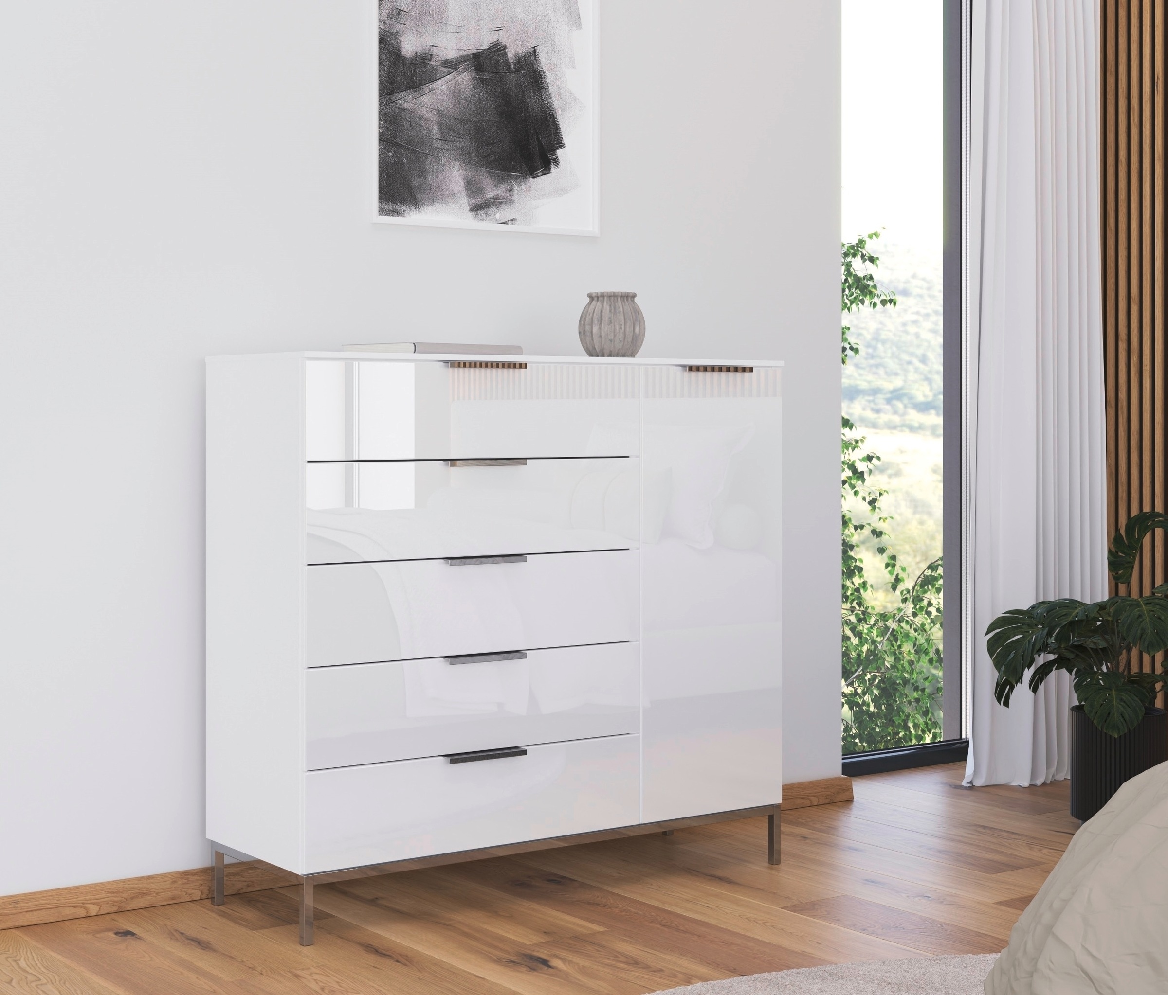 rauch Kombikommode »Kommode Türkommode Sideboard Kombikommode FLIPP mit Glasfront«, (Breite 120 cm mit 2 Einlegeböden), 1-türig mit 5 Schubladen und Soft-Close-Funktion sowie Glasfront