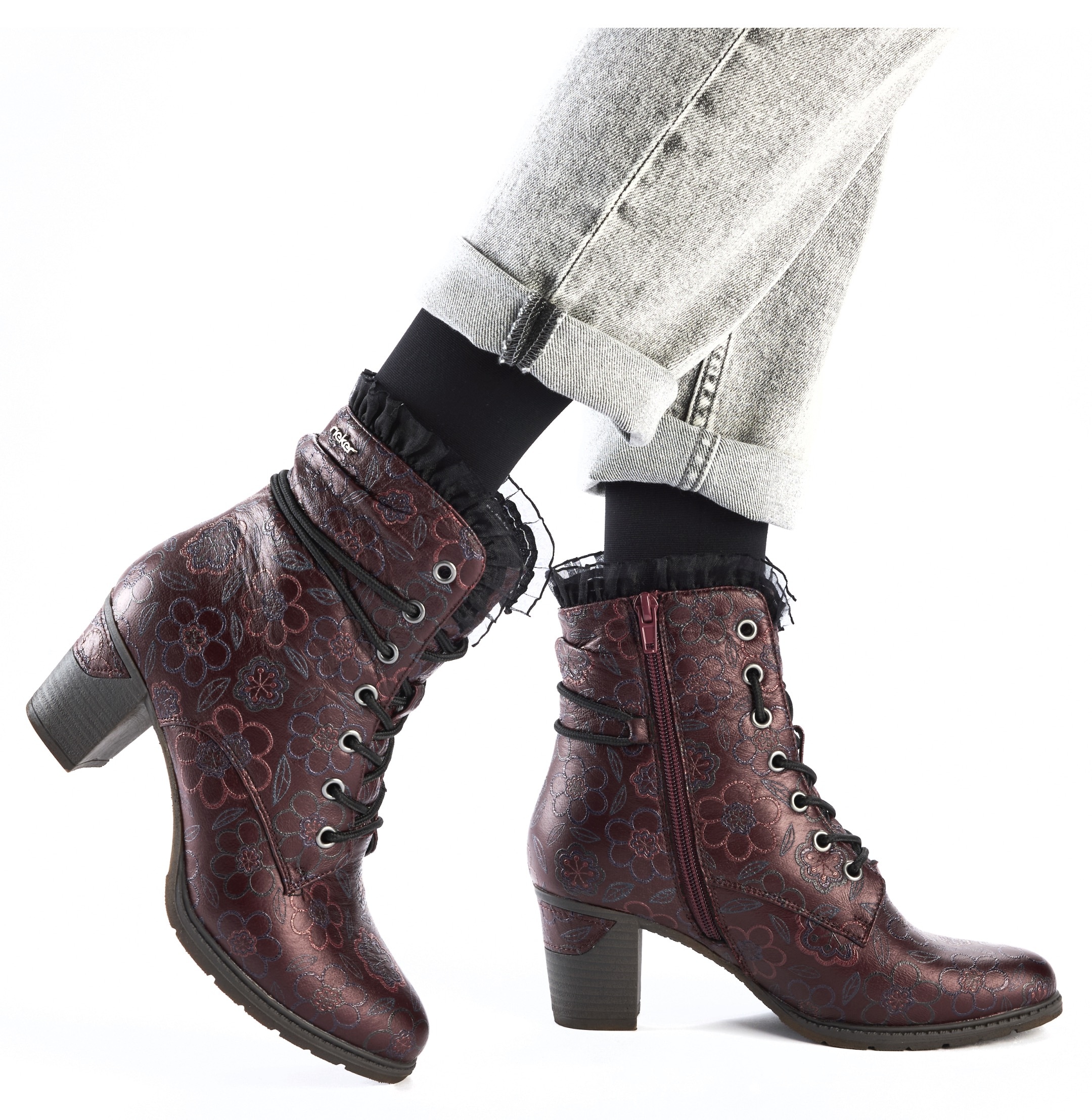 Rieker Winterstiefelette, Schnürstiefelette, Reißverschluss-Boots, Blockabsatz, Blumenprint