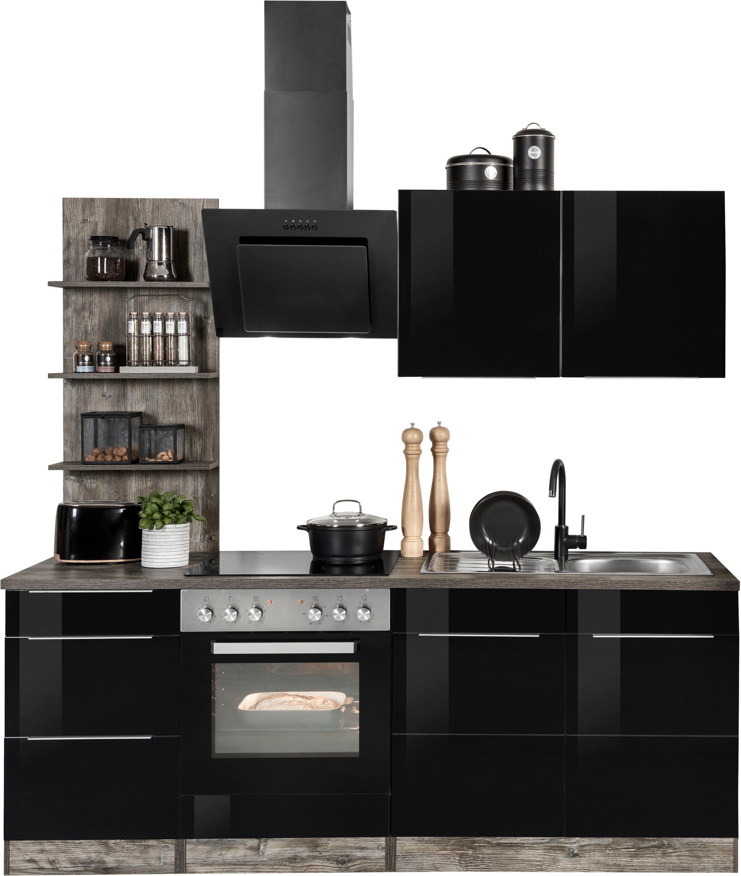 KOCHSTATION Küchenzeile "KS-Brindisi" Breite 210 cm, wahlweise mit E-Geräten, mit MDF-Fronten und Regal