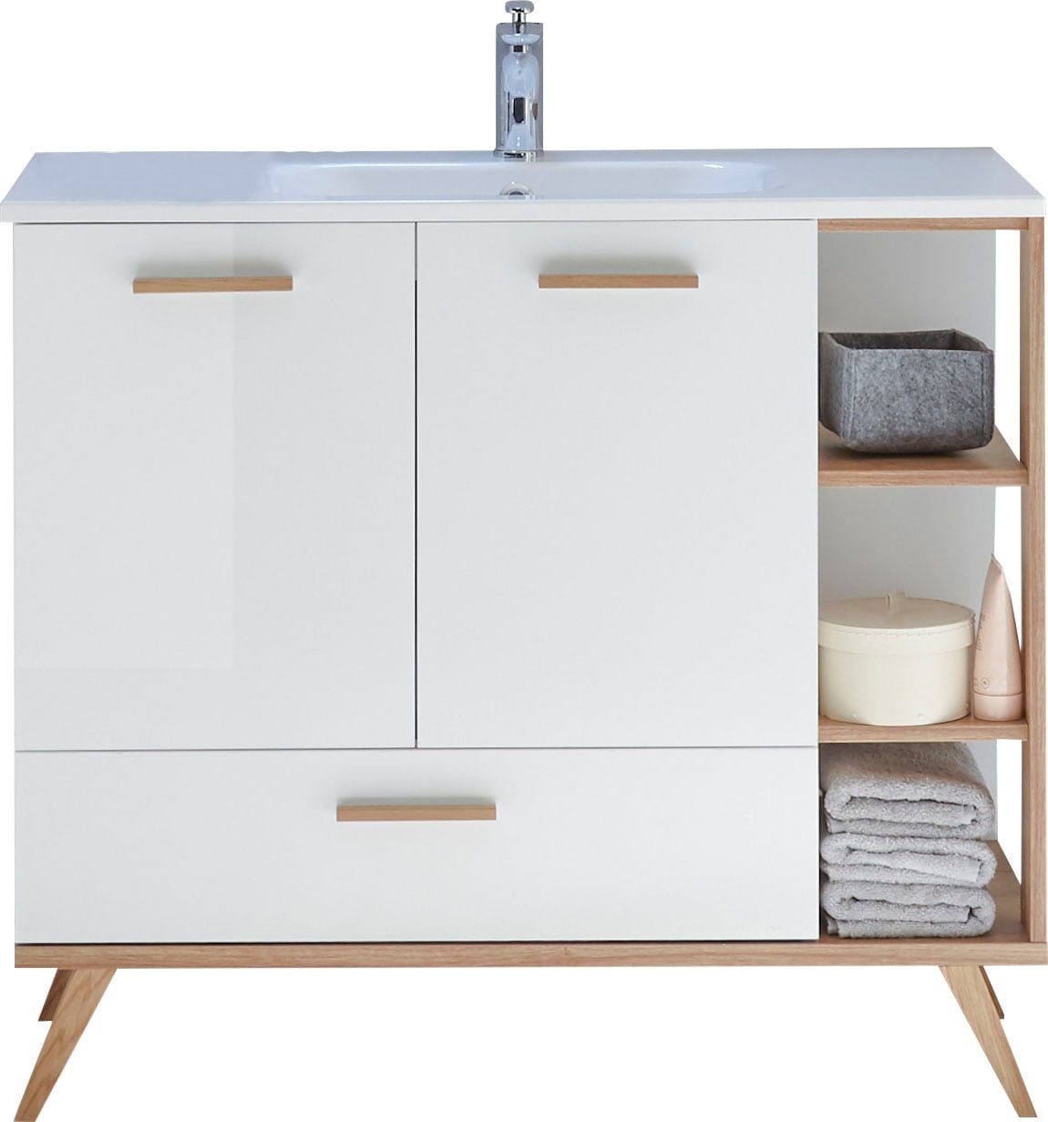 Saphir Waschtisch »Quickset Mineralmarmor-Waschtisch mit Unterschrank, 101 cm breit«, Wachplatz, inkl. Türdämpfer, 2 Türen, 1 Schublade, seitliches Fach