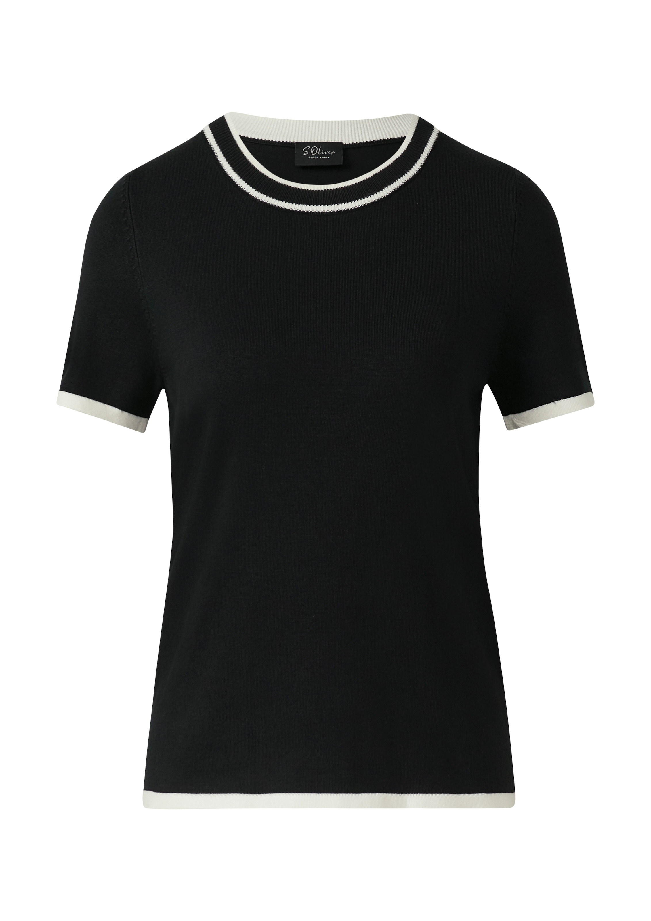 s.Oliver BLACK LABEL Kurzarmpullover, Feinstrick, Rundhals mit kontrastfarbenen Bündchen