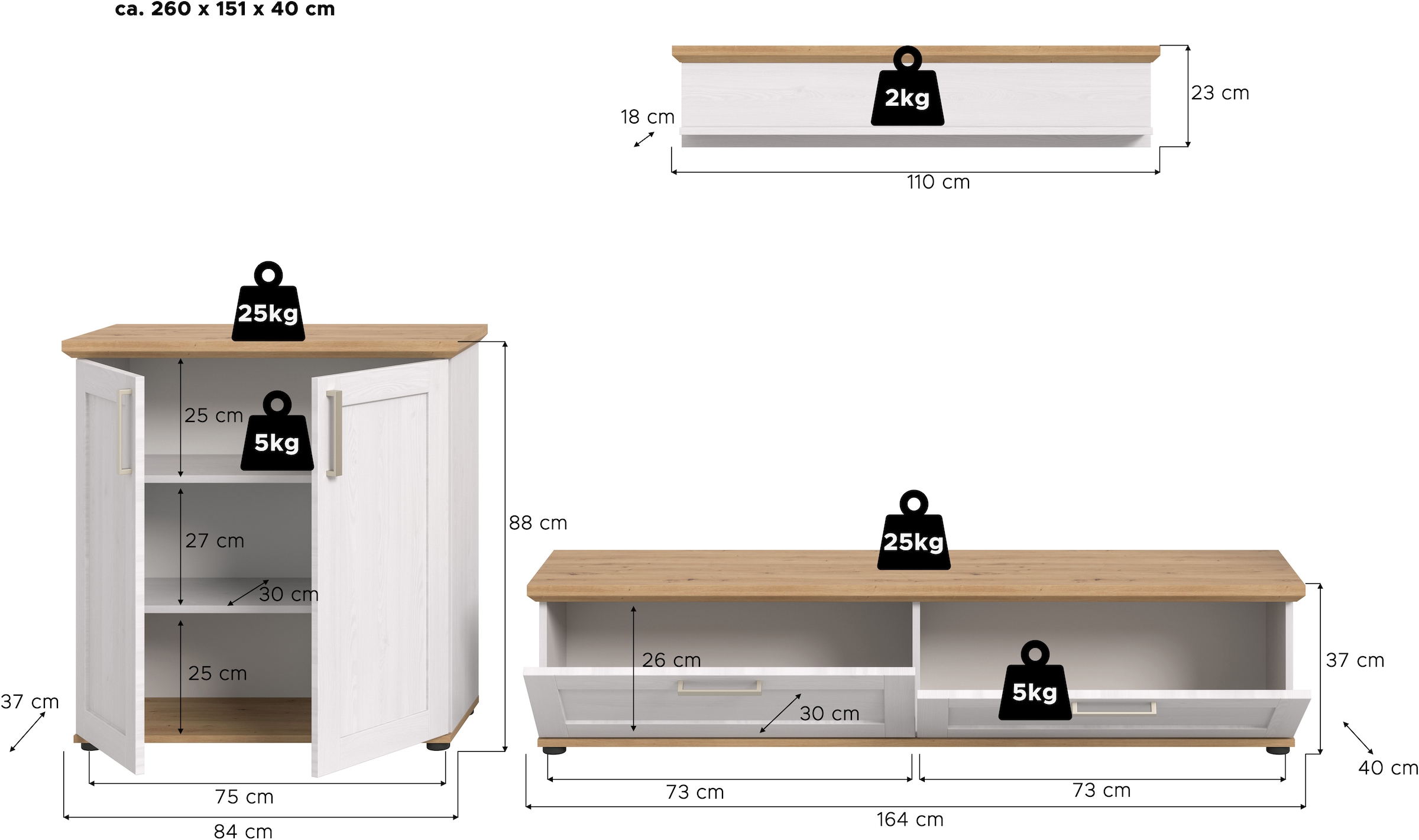 Home affaire Wohnwand »Cosenza«, (Set, 3 St.), Cosenza, Breite: 260 cm, Highboard, Lowboard, Wandboard
