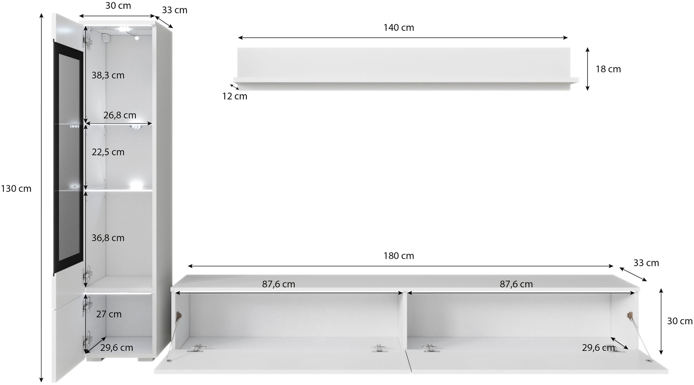 INOSIGN Wohnwand »VERA I, Vitrinen Türanschlag links/rechts wechselbar«, (Komplett-Set, 3 St.), Mediawand 230 cm, Vitrine mit Verglasung, stehend und hängend