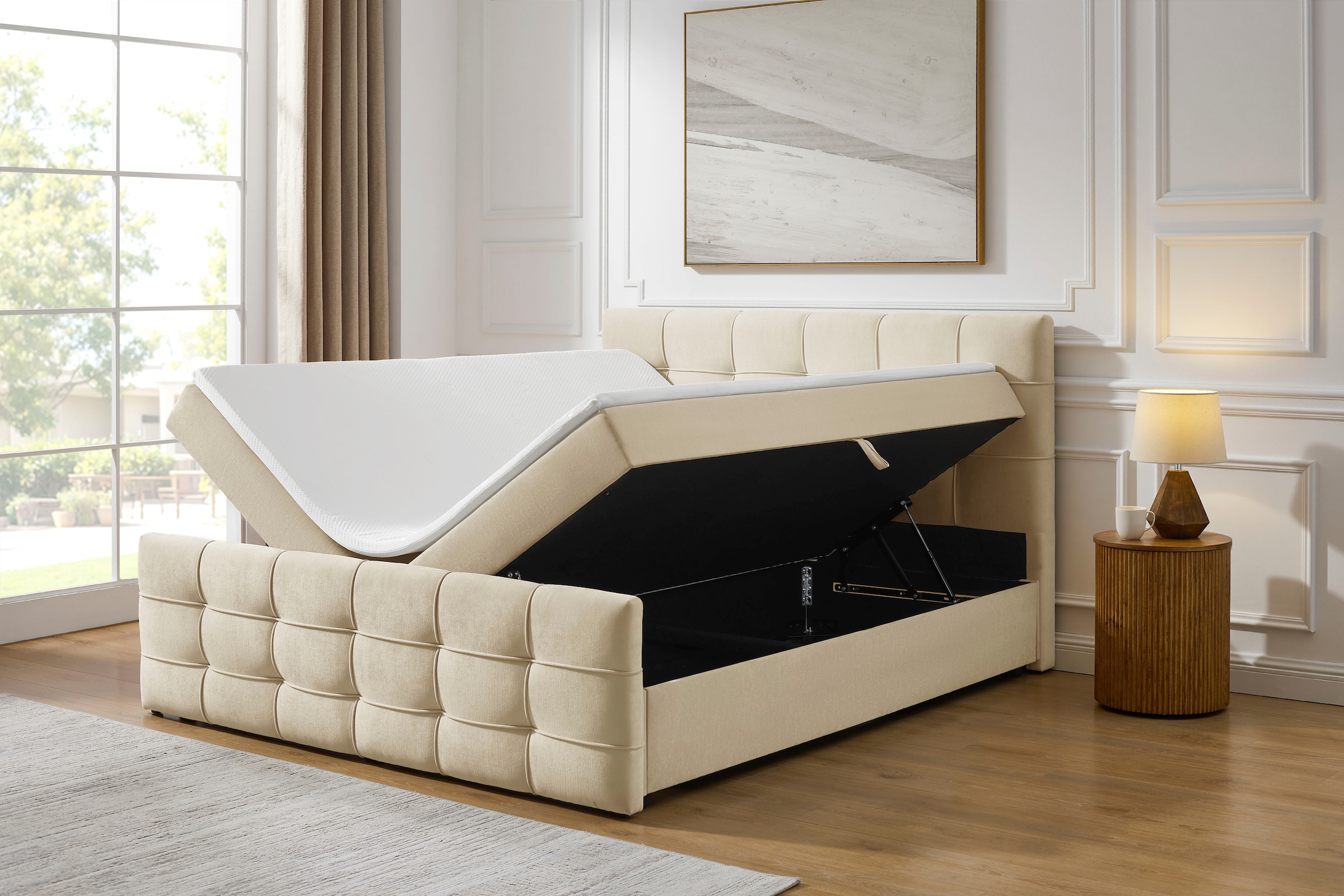 OTTO home Boxbett »LILIENNE, Polsterbett mit Bettkasten und Taschenfederkernmatratze H3« mit Kaltschaumtopper, Chenille-Bezug, 160x200 & 180x200 cm