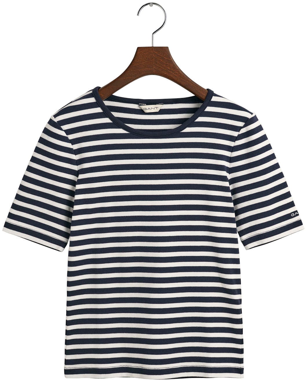 Gant T-Shirt »SLIM KA mit ♕ Ärmelabschluss T-SHIRT«, dezentem 1X1 bei STRIPED RIBBED Logoschriftzug am