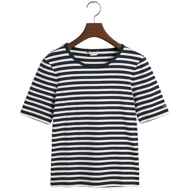 Gant T-Shirt »SLIM STRIPED 1X1 RIBBED KA T-SHIRT«, mit dezentem  Logoschriftzug am Ärmelabschluss bei ♕