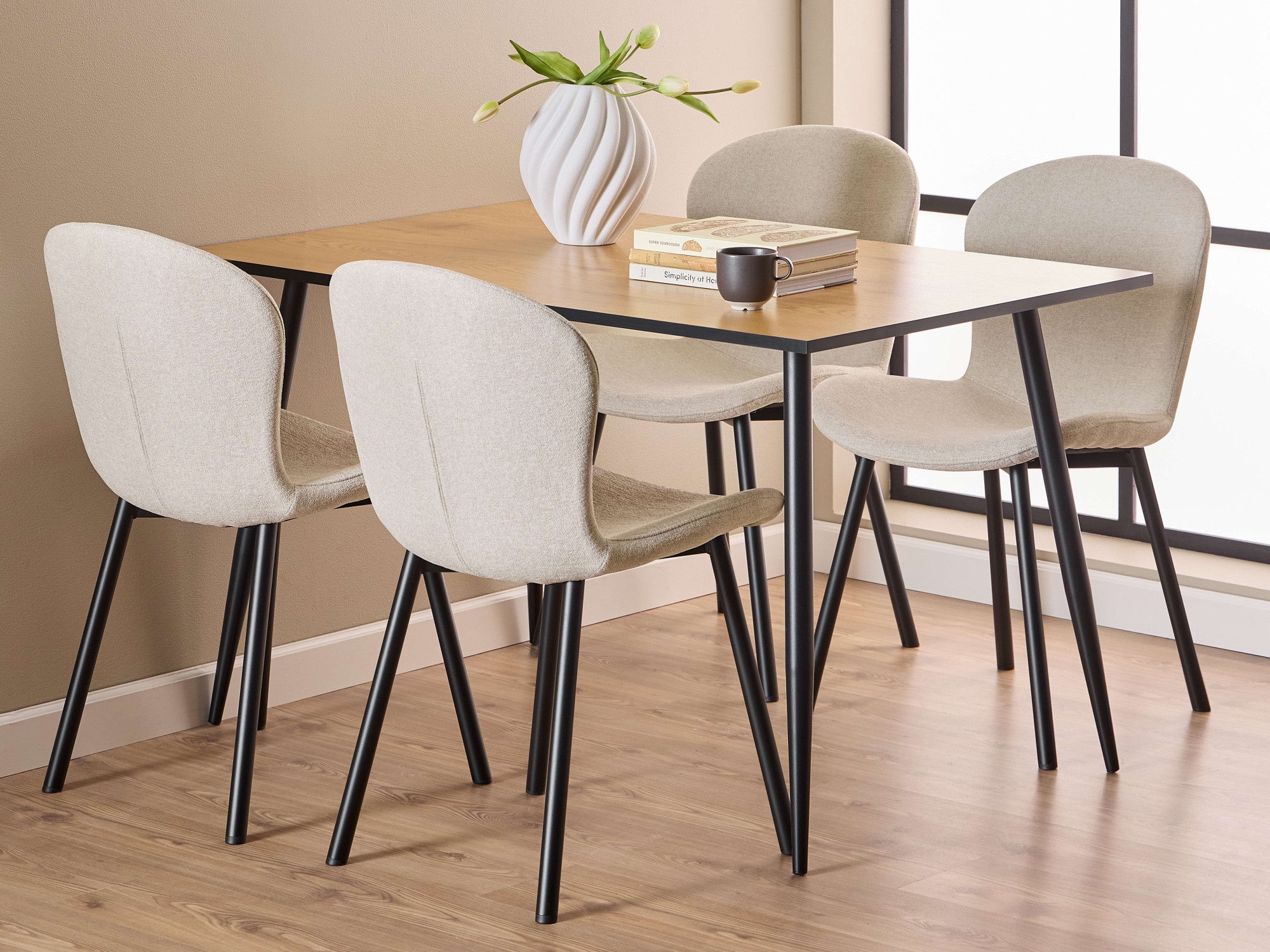 ACTONA GROUP Esszimmer-Set »Esspruppe, Speisetisch mit Wohnzimmerstühlen«, (Komplett-Set, 5 St., 1x Tisch + 4x Stuhle), Rechteckig Esstisch + 4x Stühle, Wildeiche Melamin, beige, 120x80x75cm
