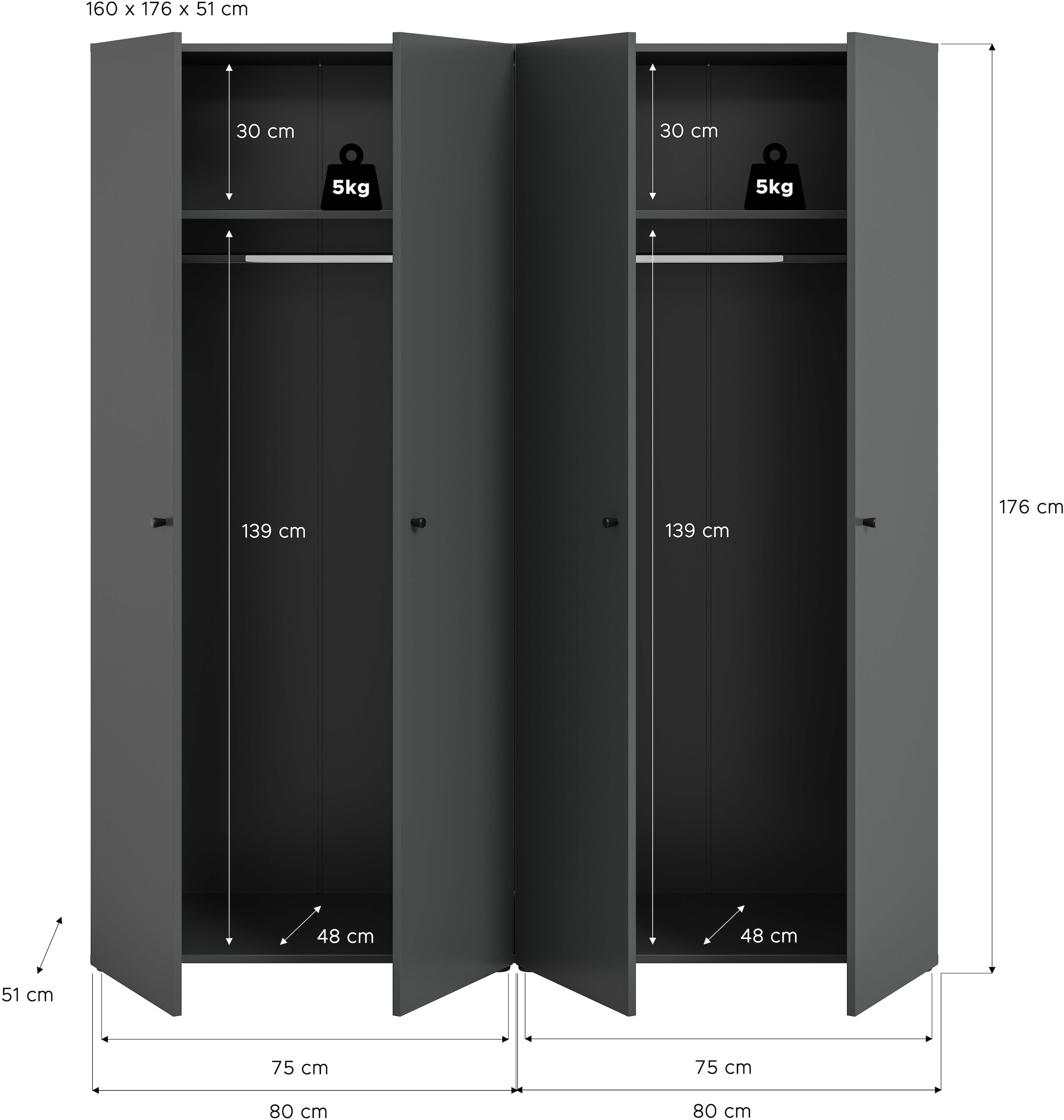 Home affaire Kleiderschrank »BILLINGS, TOPSELLER!, Schlafzimmerschrank, Schrank, Garderobenschrank« OTTO BESTSELLER, Garderobe & Schlafzimmer,  Breite 160cm, grau, 4-türig, inkl. 2 Kleiderstangen und 2 Ablageböden