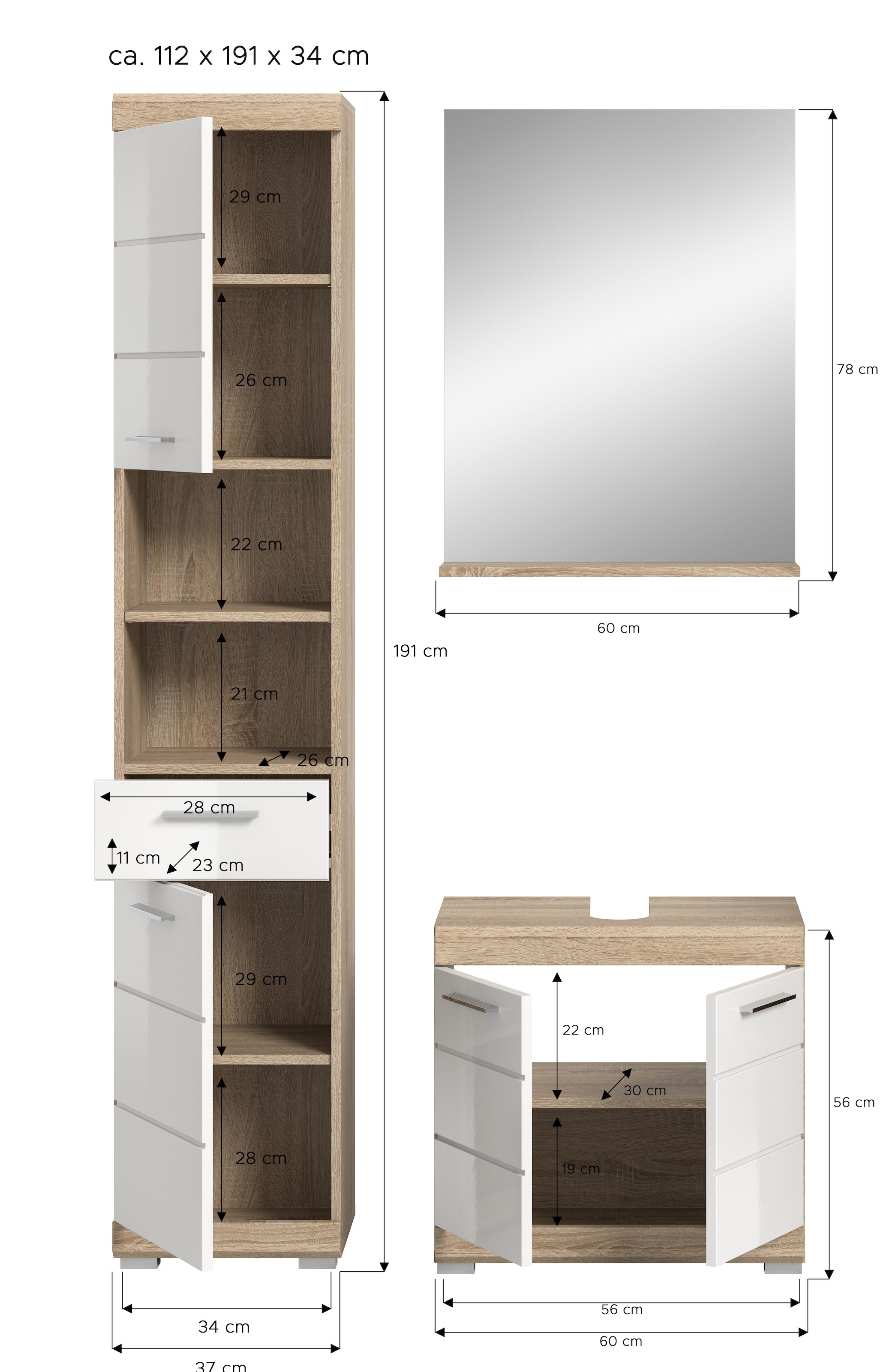 INOSIGN Badmöbel-Set »Siena, 3 teilig, bestehend aus:«, (Set, 3 St., TOPSELLER!), Hochschrank, Waschbeckenunterschrank, Spiegel