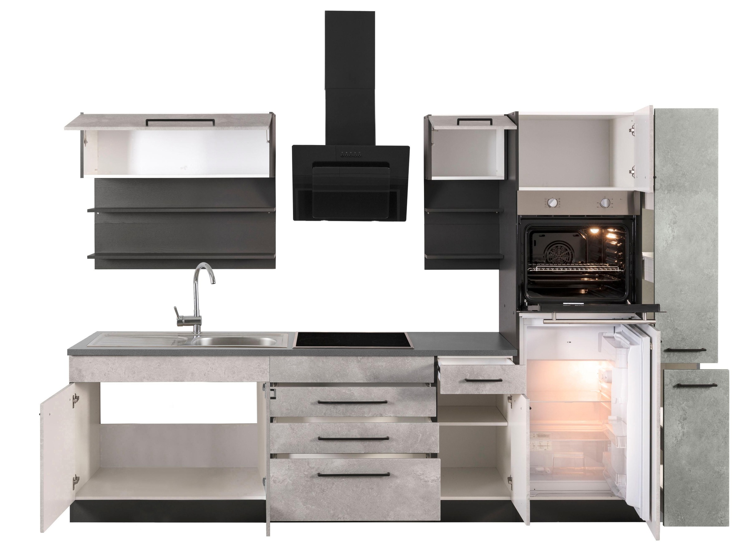 KOCHSTATION Küchenzeile »KS-Tulsa« mit E-Geräten, Breite 320 cm, schwarze Metallgriffe, MDF Fronten