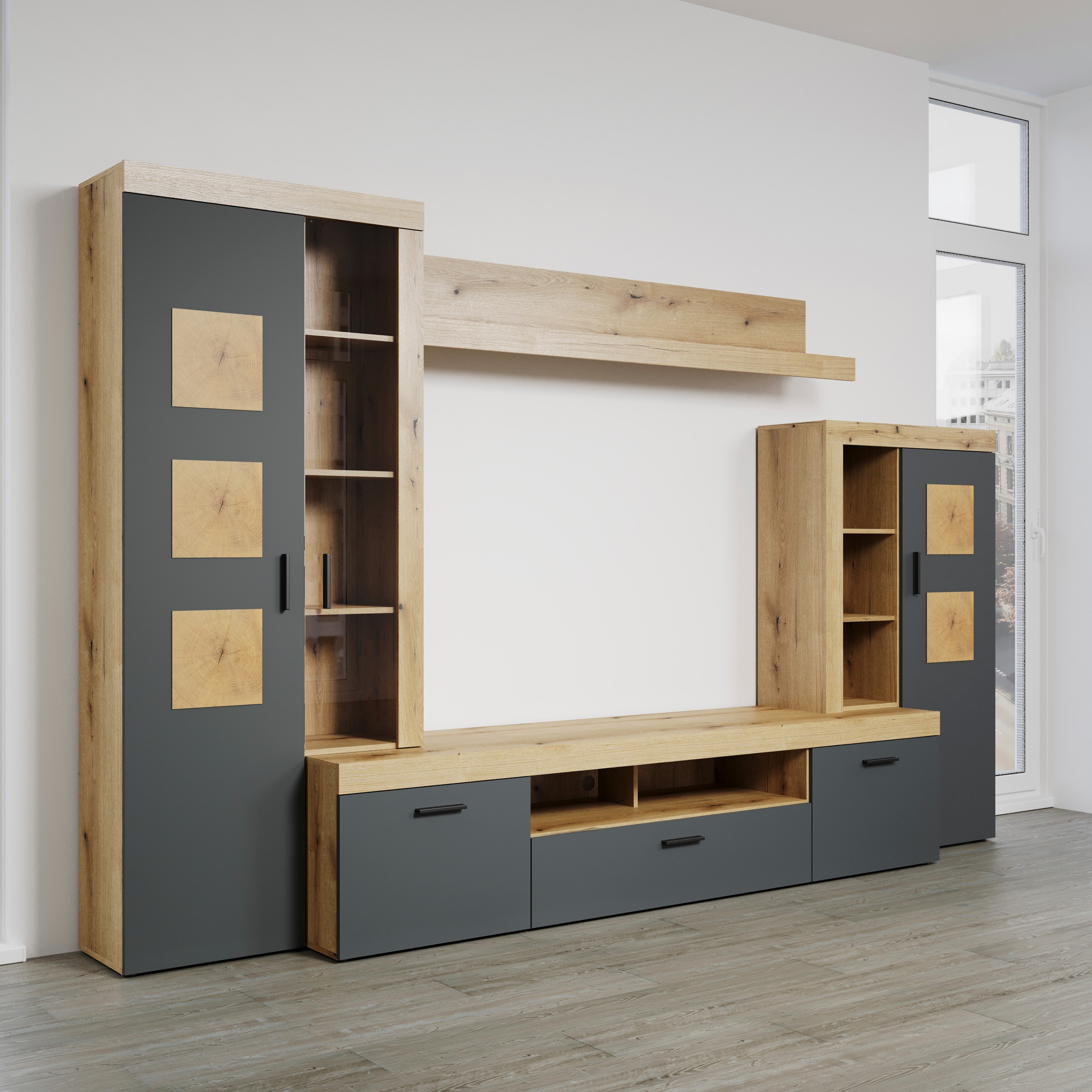 Home affaire Wohnwand »Ghent«, (Komplett-Set, 4 St.), Mit Hirnholzapplikationen - Aufgebaut (B/T/H): 331/52/206 cm