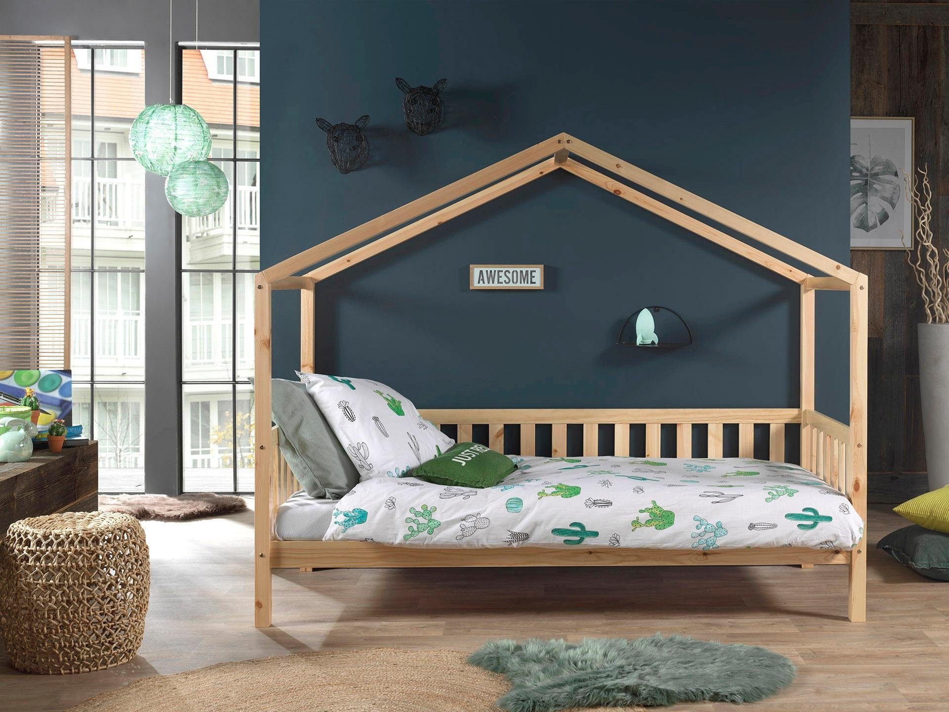 Vipack Hausbett »Dallas«, wahlweise mit Bettschublade oder Textilhimmel, Ausf. natur oder weiß