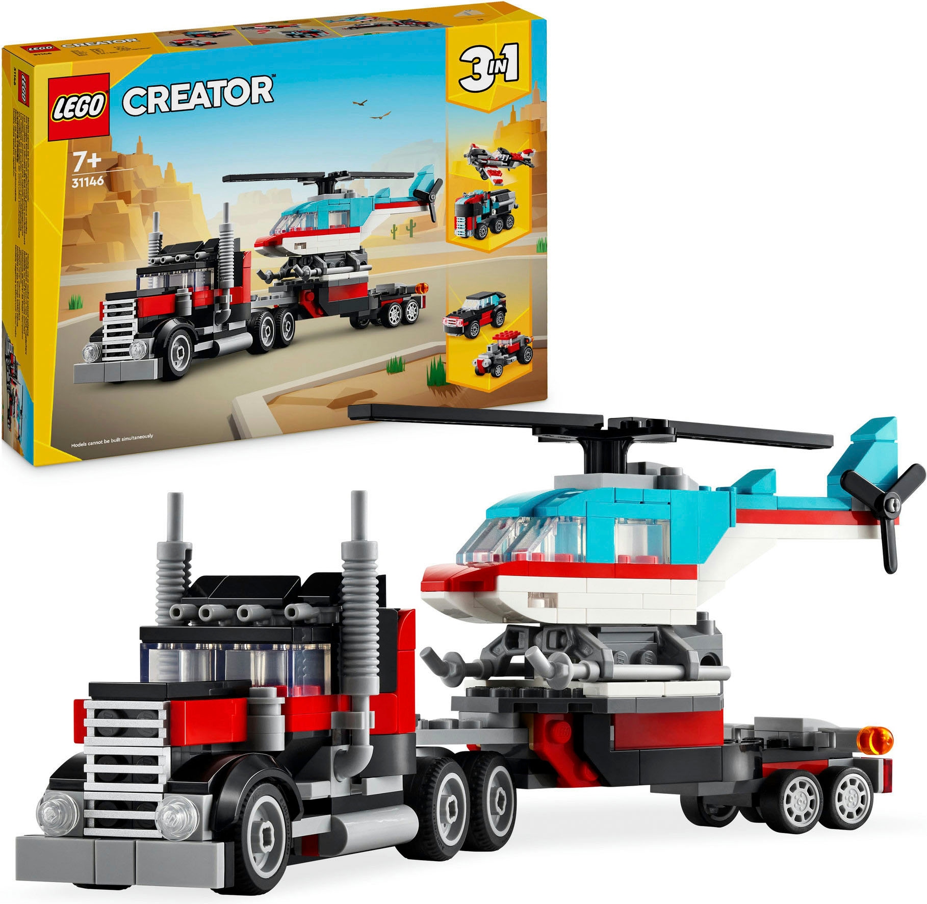 LEGO® Konstruktionsspielsteine »Tieflader mit Hubschrauber (31146), LEGO Creator 3in1«, (270 St.), Made in Europe