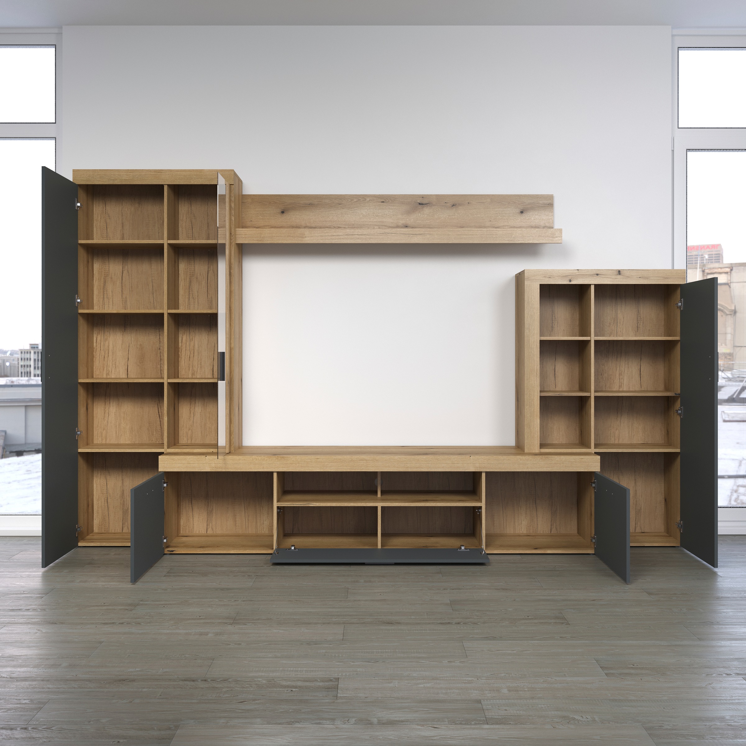 Home affaire Wohnwand »Ghent«, (Komplett-Set, 4 St.), Mit Hirnholzapplikationen - Aufgebaut (B/T/H): 331/52/206 cm