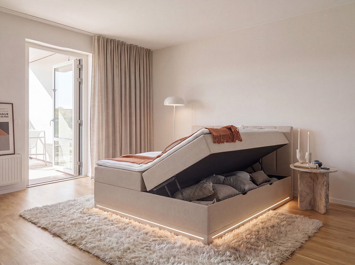 Home affaire Boxbett »WAKKANAI, Polsterbett mit Bettkasten, inkl. Taschfederkernmatratze H3« mit PUR-Schaum-Topper, mit LED-Lichtleiste, LIegefläche 180x200cm