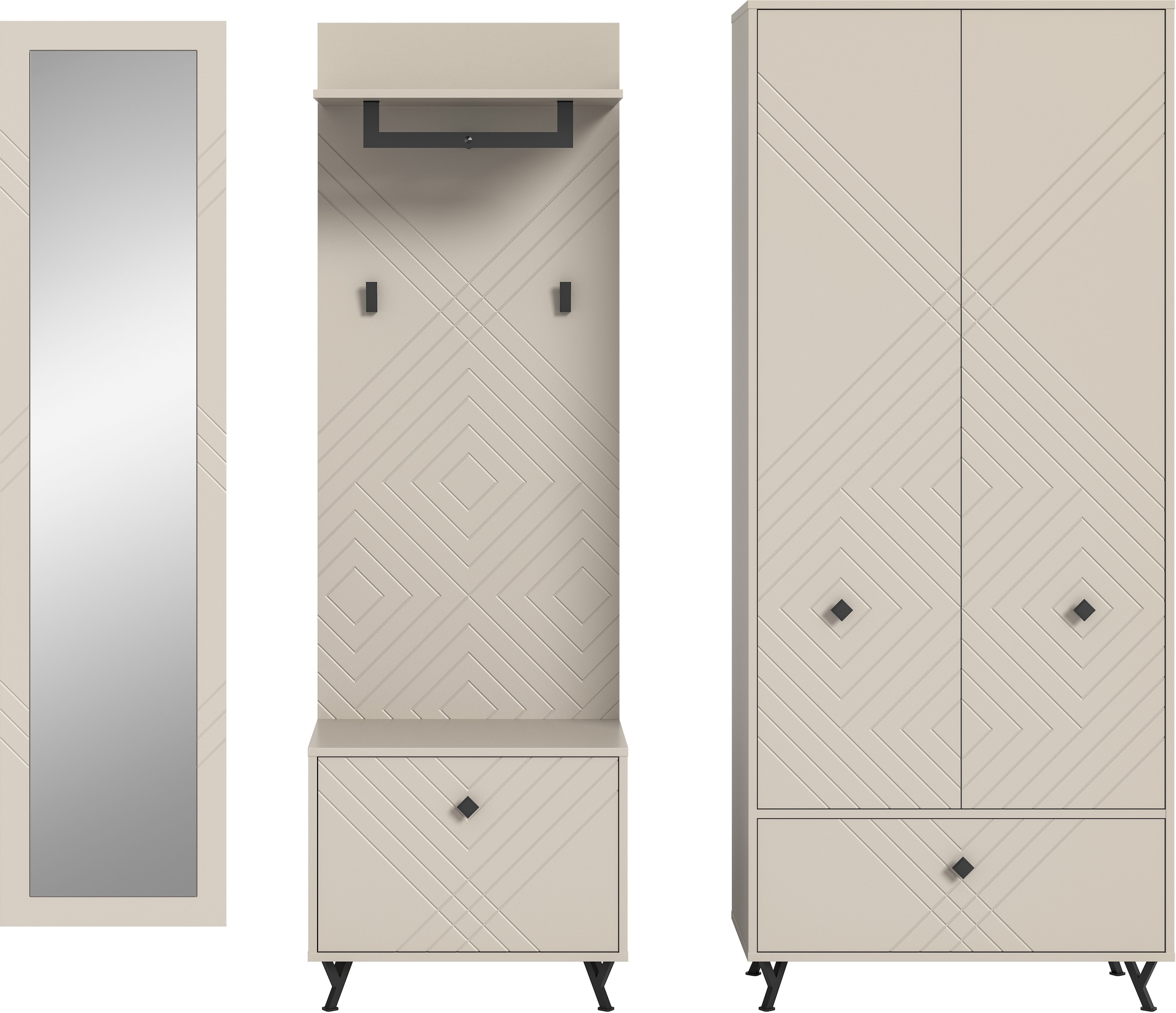 INOSIGN Garderoben-Set »Mento, 4-teilig, Ornamentfräsung in der Front, bestehend aus:«, (Set, 4 St.), Spiegel, Sitzbank, Garderobenpaneel & Garderobenschrank