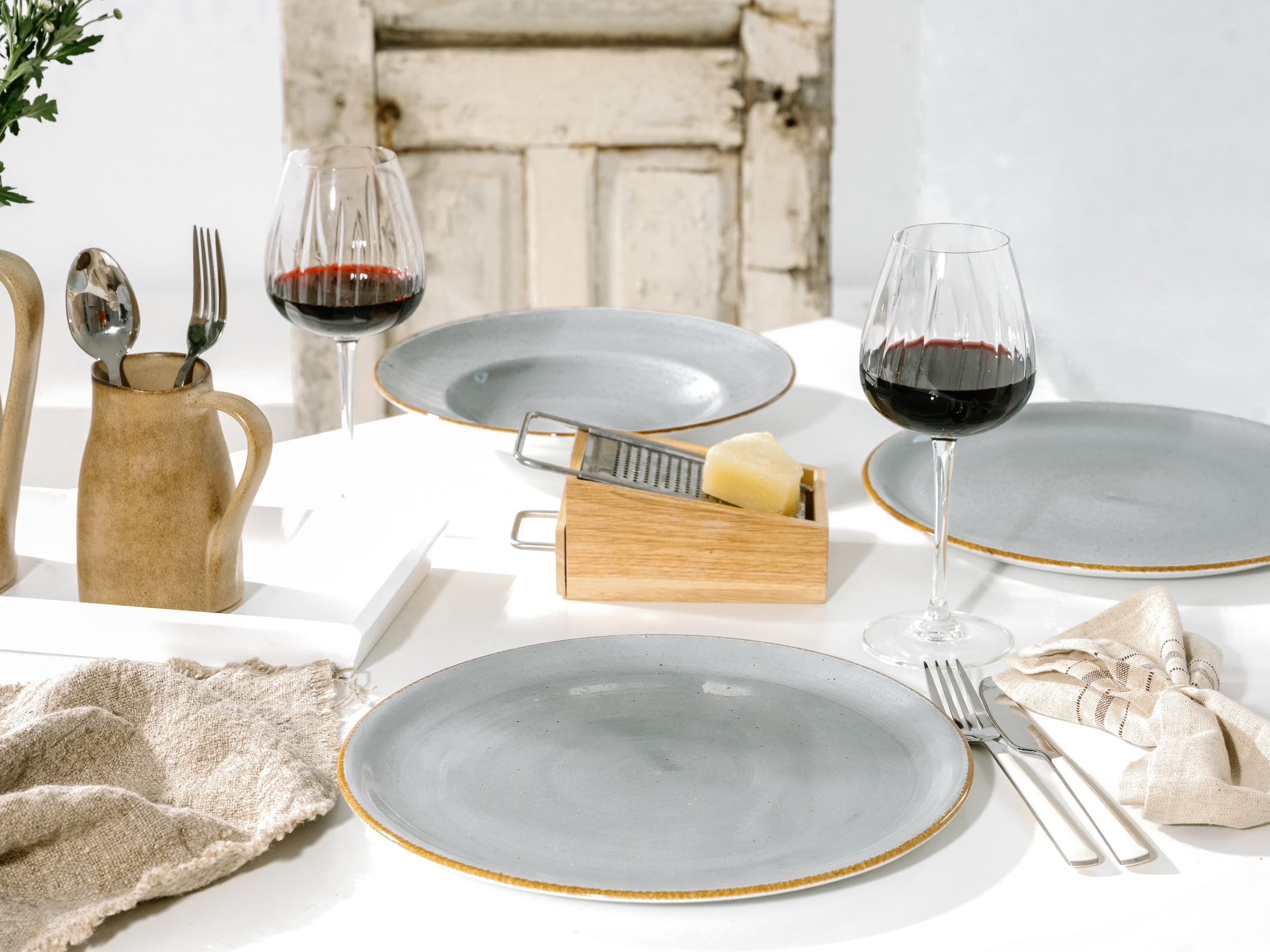 CreaTable Pizzateller »Vintage Nature, Pizzateller 33 cm 4-tlg« Teller Set, Handgemalt, Gesprenkelt, Rustikales Außenband