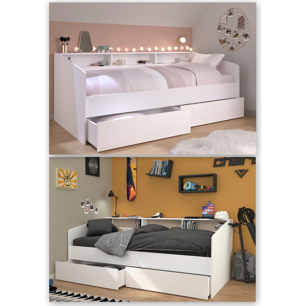 Parisot Stauraumbett »Sleep, Daybed, Kinderbett, Rückwand der Regale drehbar (farbig + weiß)«, inklusive, Regale, Schubkästen, viel Stauraum, TOPSELLLER!