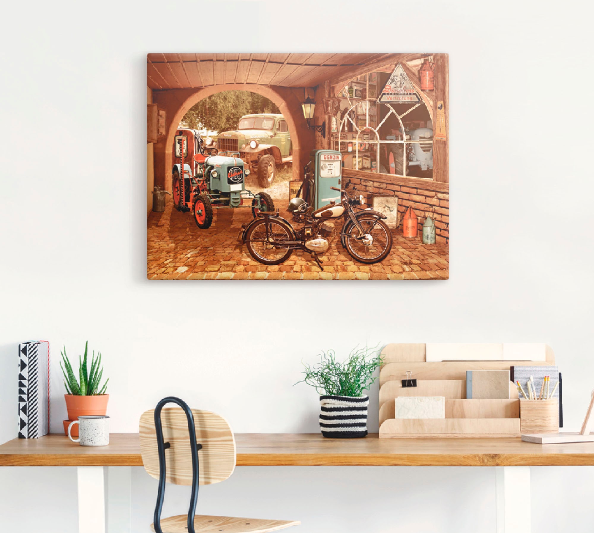Artland Leinwandbild »Werkstatt mit Traktor und Motorrad« Traktoren 1 Stk. tlg. auf Holzrahmen gespannt