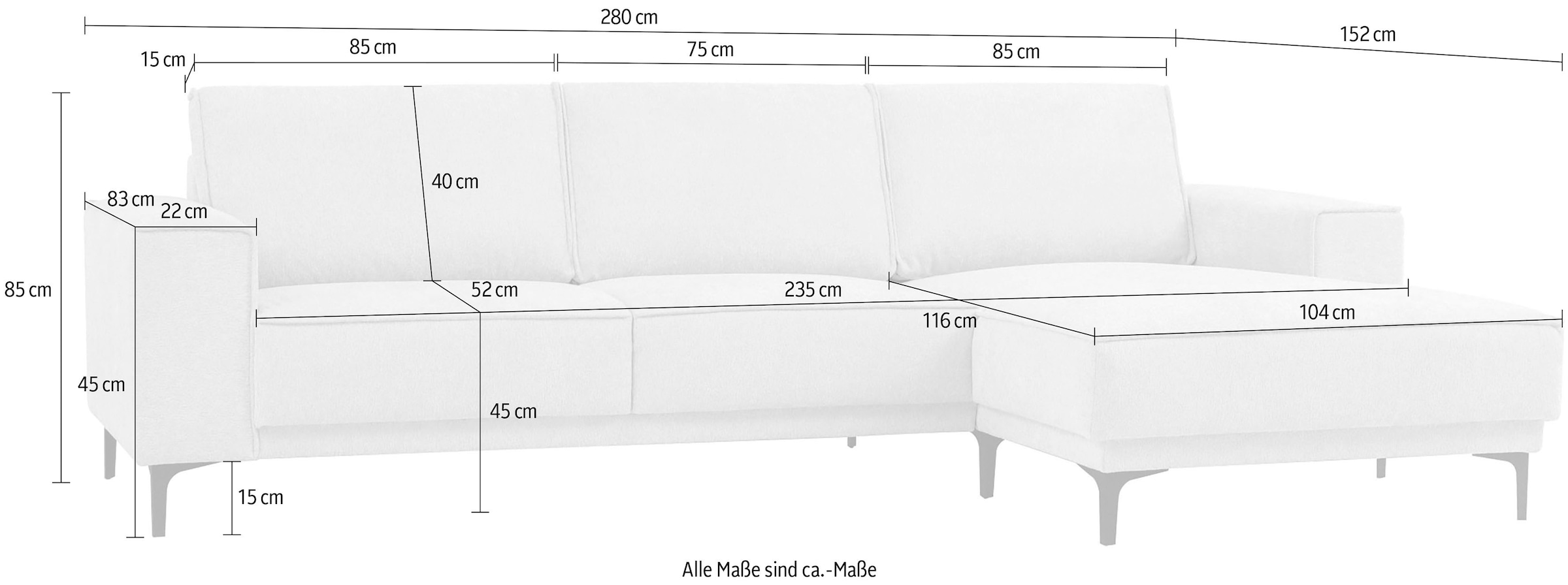 Places of Style Ecksofa »Polsterecke Oland, Struktur, Flachgewebe, Luxus-Microfaser, Boucle«, L-Form, 280 cm, Wellenunterfederung, Skandi-Design, Metallfüße