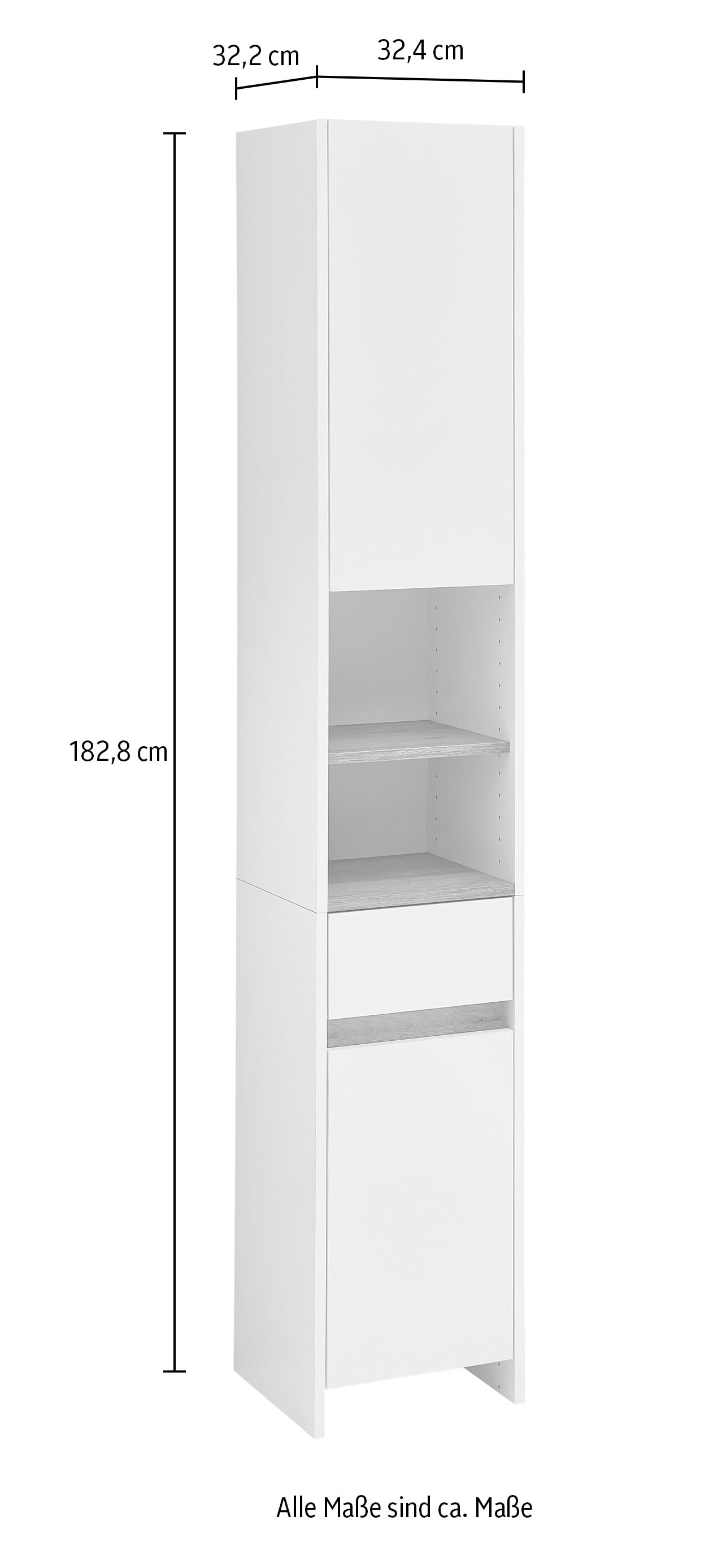 Saphir Hochschrank »Quickset 100, Badschrank 32,4 cm, 2 Türen und 1 Schublade« 3 Einlegeböden, 2 offene Fächer, Badezimmer-Hochschrank, Akzentfuge