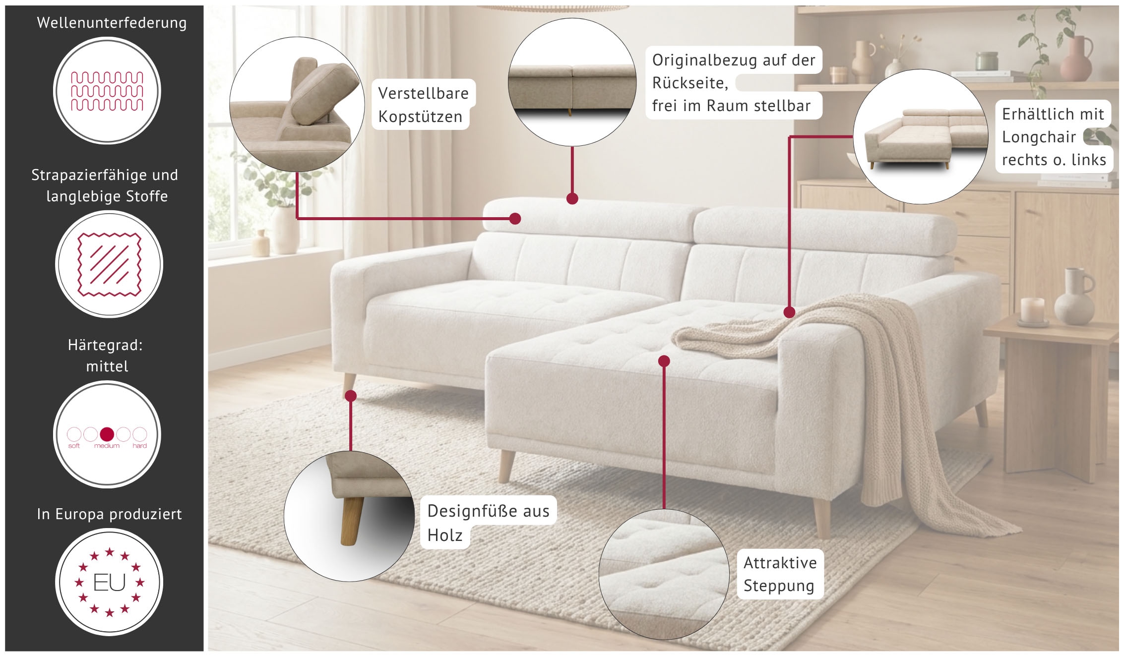 OTTO home Ecksofa »Greve 248 x 172 cm mit Steppungen, für gängige Saugroboter geeignet« Kopfteile verstellbar, aus pflegeleichtem, weichem Luxus-Microfaser