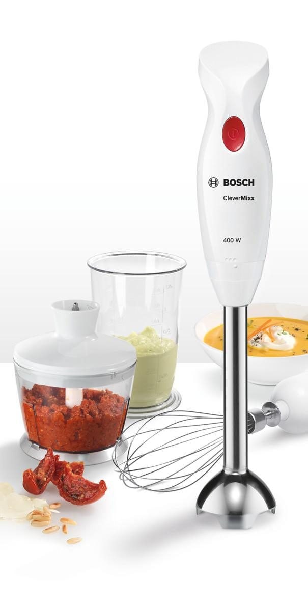 BOSCH Stabmixer »CleverMixx MSM24500, Edelst. Mixfuß, Zerkleinerer, Schneebesen, weiß«, 400 W, 4 Klingen, Mixbecher, Made in Europe