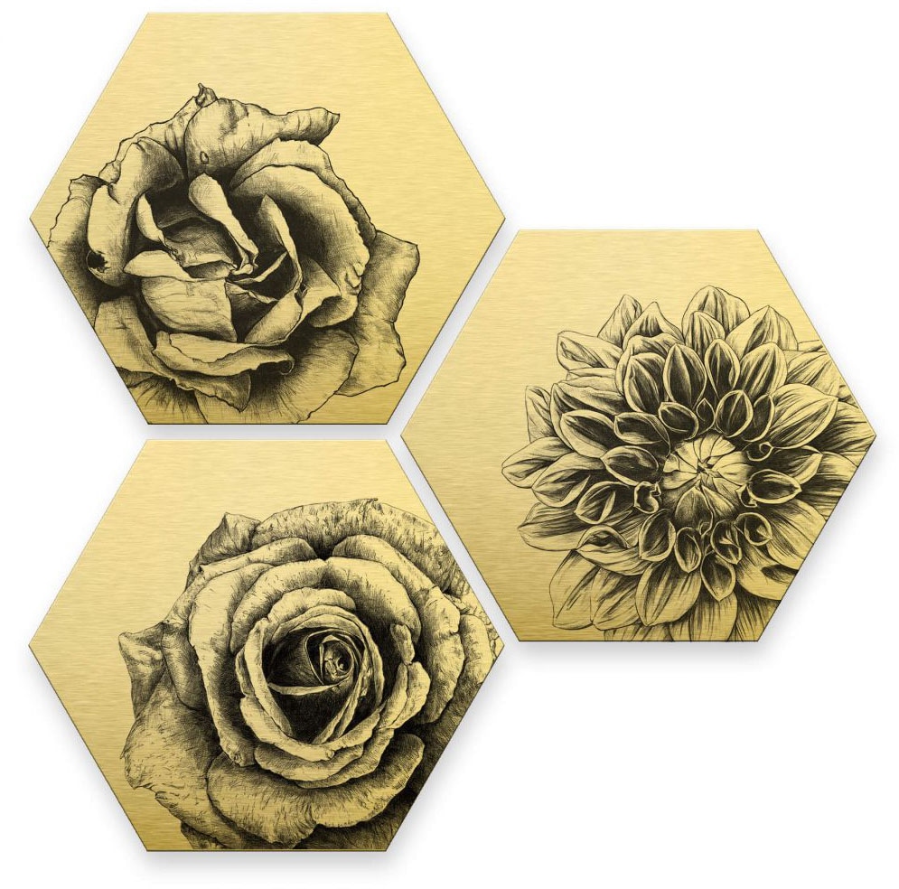 Wall-Art Mehrteilige Bilder »Florales Blumen kaufen Goldeffekt«, (Set, St.) auf Set 3 Raten