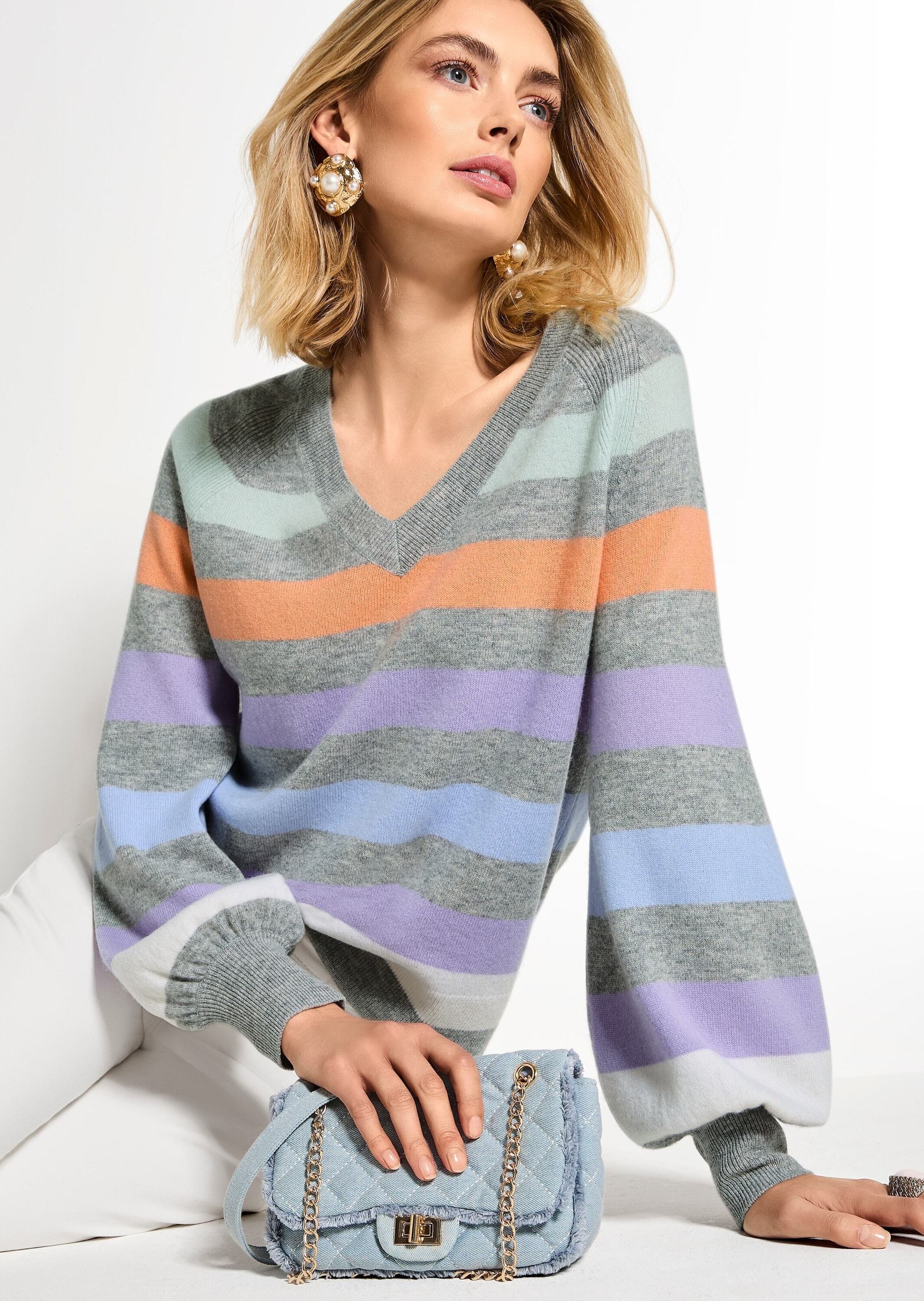 MADELEINE Longpullover »Feinstrickpullover Sommerpulli mit Streifen-Muster« Gerippte Abschlüsse