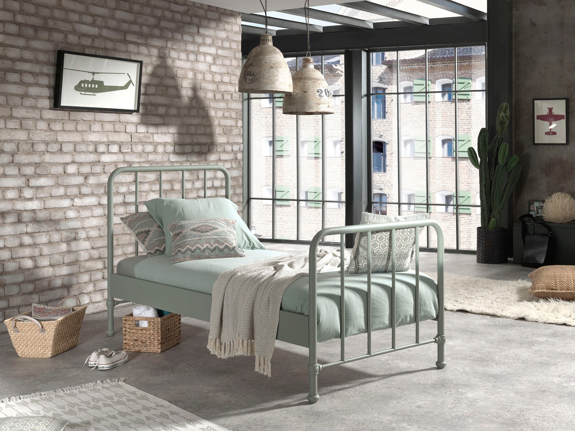 Vipack Lit simple en métal Vert Olive mat Bronxx 90x200cm