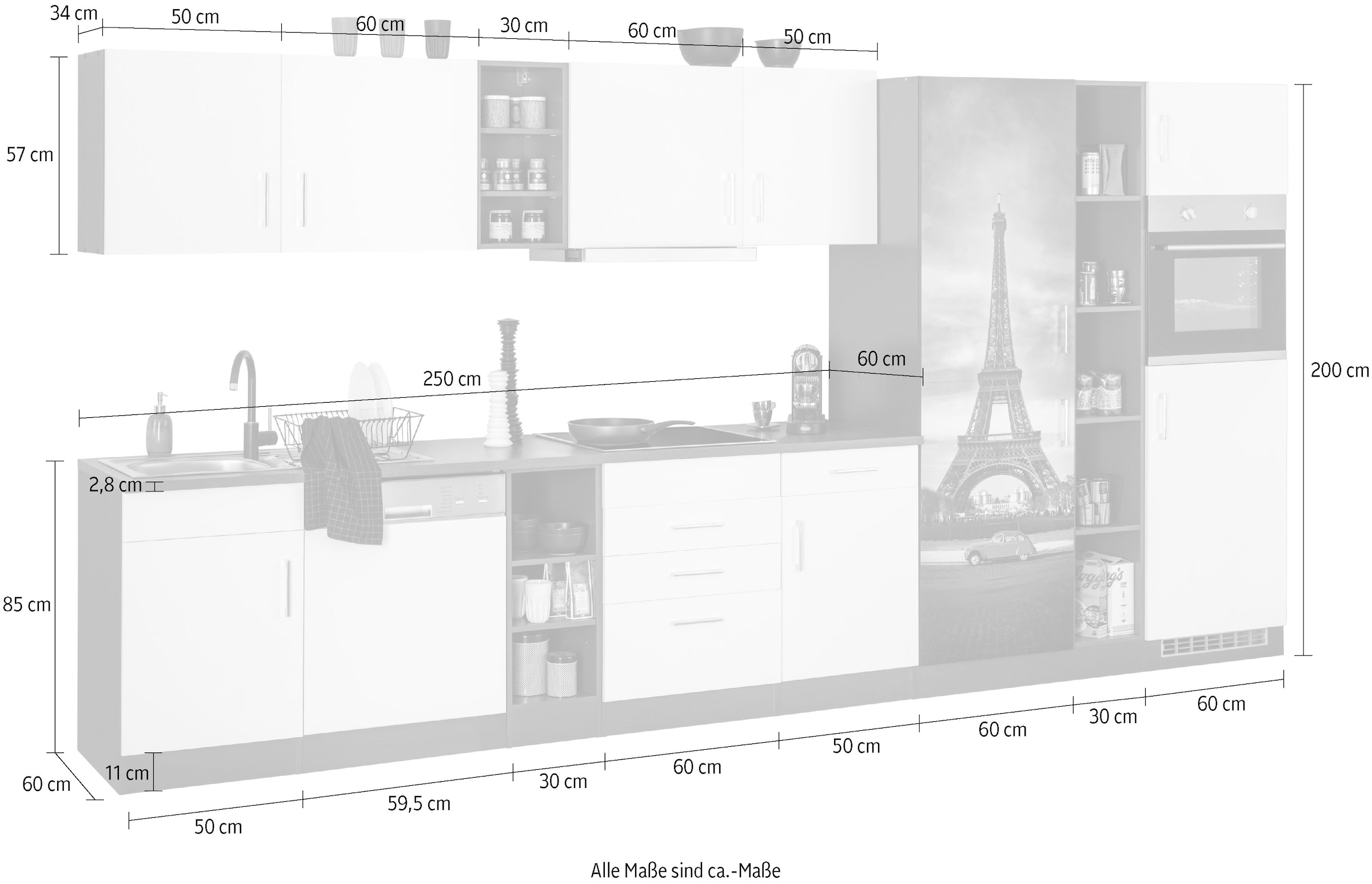 HELD MÖBEL Küchenzeile »Paris«, mit E-Geräten, Breite 400 cm