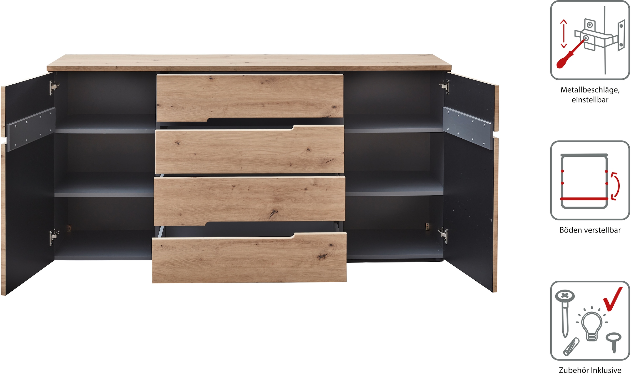 Innostyle Sideboard »MEMPHIS, TOPSELLER!«, (Sideboard, Wohnzimmerschrank), leichte Montage, viel Stauraum