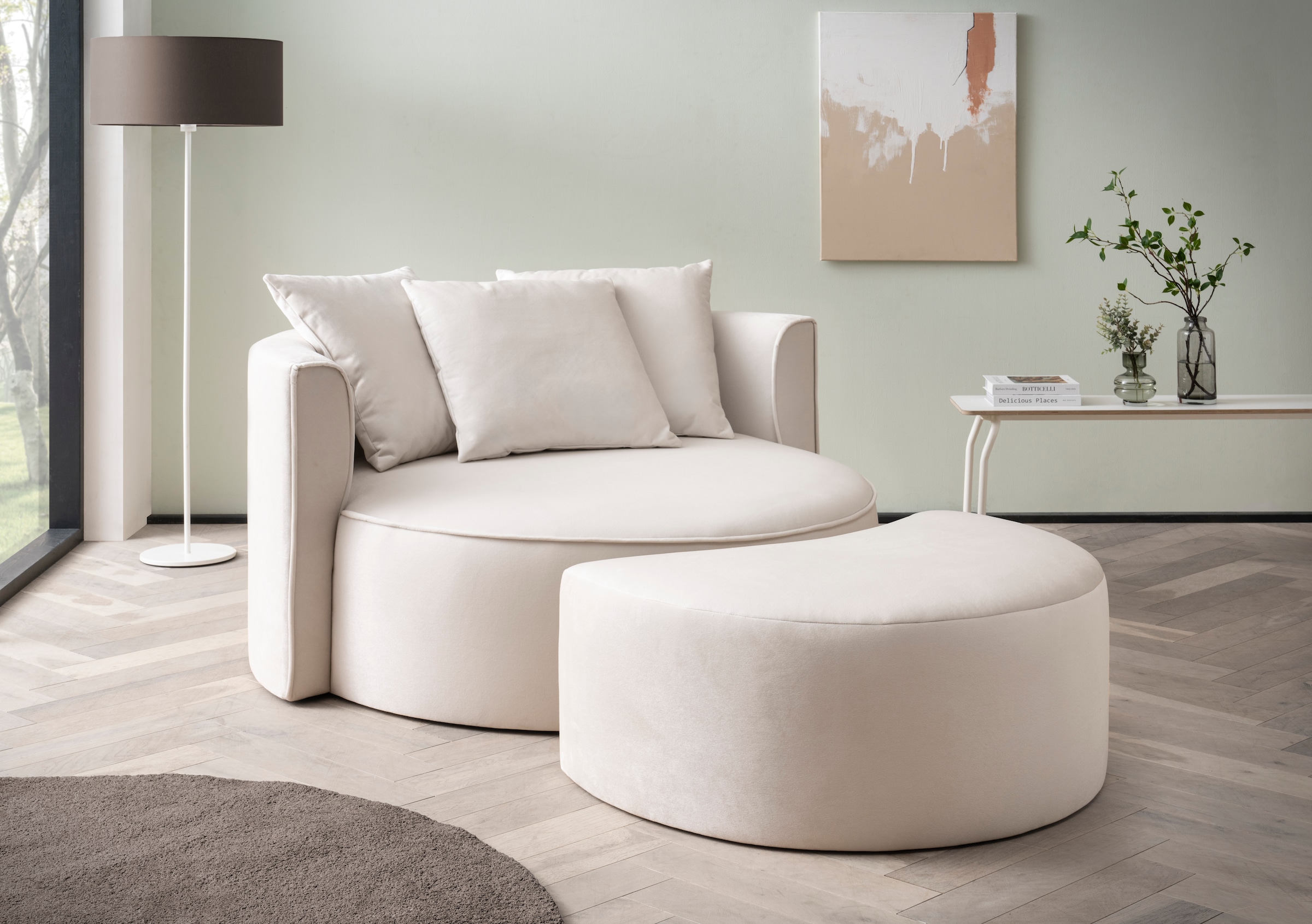 LeGer Home by Lena Gercke XXL-Sessel »ISALIE, Rundsessel mit Hocker, Lesesessel, Loveseat, Big-Sessel«, (Set), trendige Stoffe, 3 Zierkissen, große Sitzfläche, Cord, Samt, Bouclé