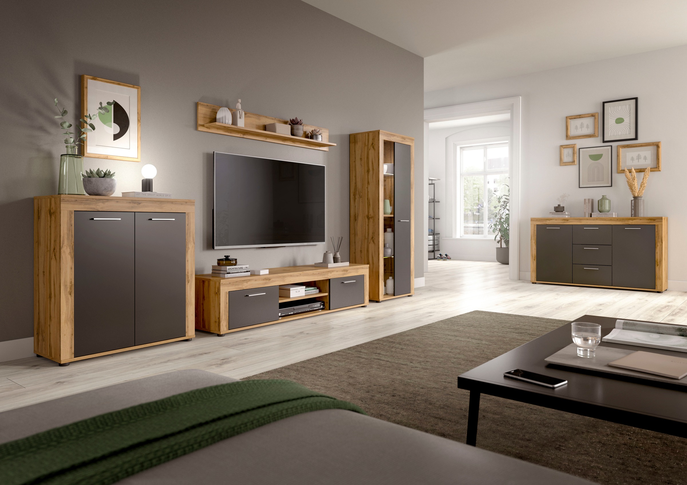 INOSIGN Wohnwand »Aosta, Breite 330cm, best. aus Highboard, Lowboard, Wandboard, Vitrine«, (4 St.), Wohnwand, Kombination, Anbauwand, Möbel Set, Schrankwand, Möbel Kombi