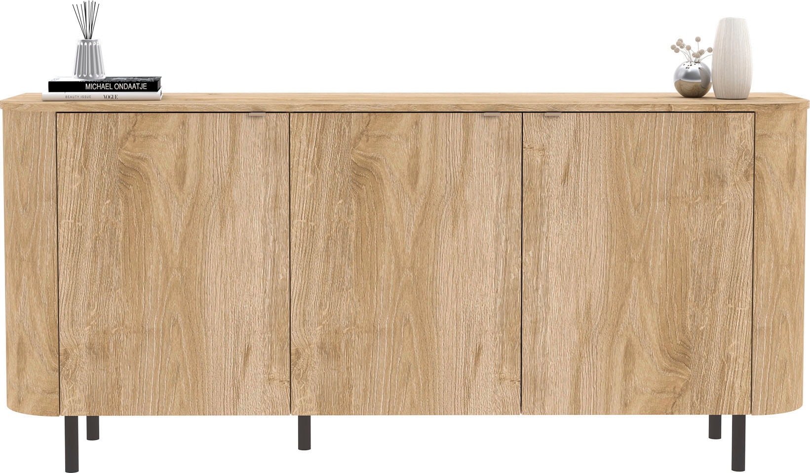 Home affaire Sideboard »Murano, 181 cm breit, 3 Türen, Anrichte, Kommode, Stauraumschrank« Formgebogenes MDF, Stirnseiten mit Rundung, Füße und Griffe aus Metall