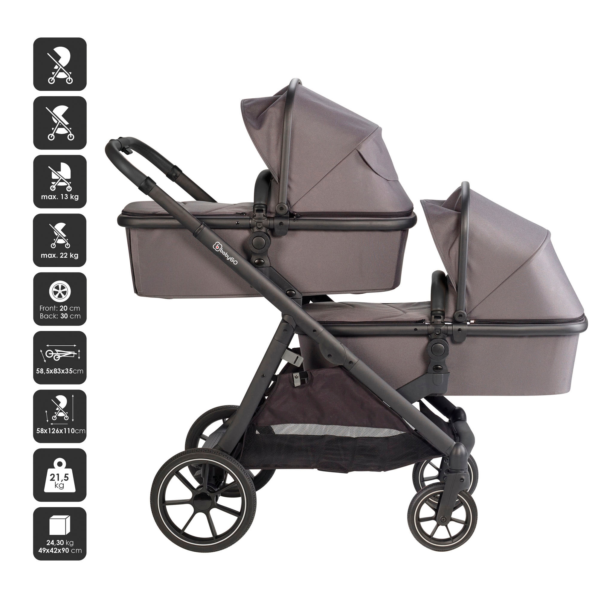 BabyGo Zwillings-Kombikinderwagen »Duo, grau« inkl. Wickeltasche u. 2 Regenhauben
