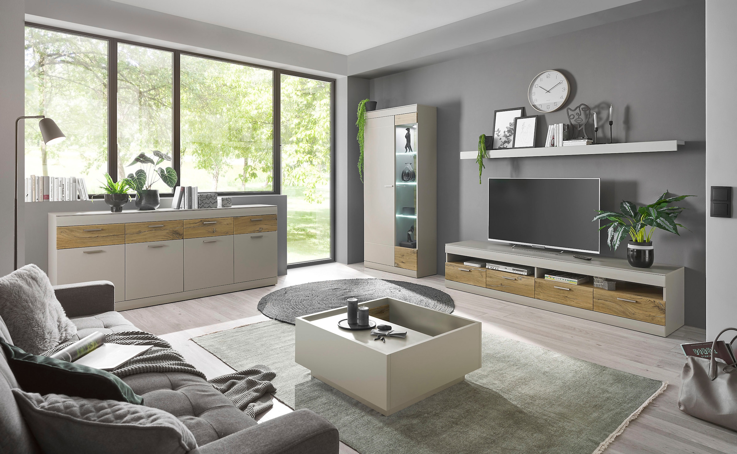 INOSIGN Wohnwand »SCARA«, (3 St.), trendige Farbe mit Applikation Zinneiche Dekor, mit Softclose-Funktion