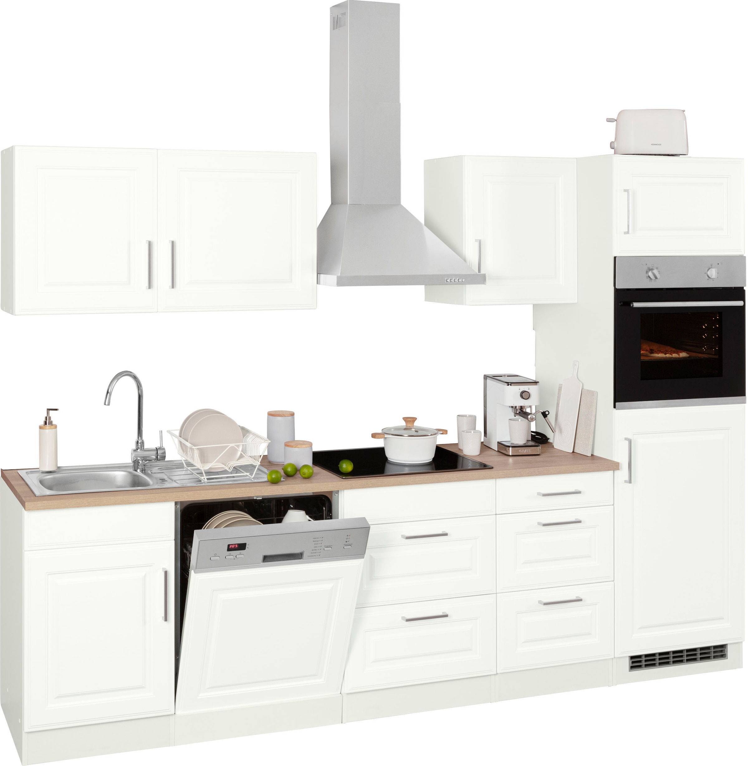 KOCHSTATION Küchenzeile »KS-Stockholm – Küche mit hochwertiger und detailreicher Landhausfront« Breite 280 cm, wahlweise mit E-Geräten,mit MDF-Fronten