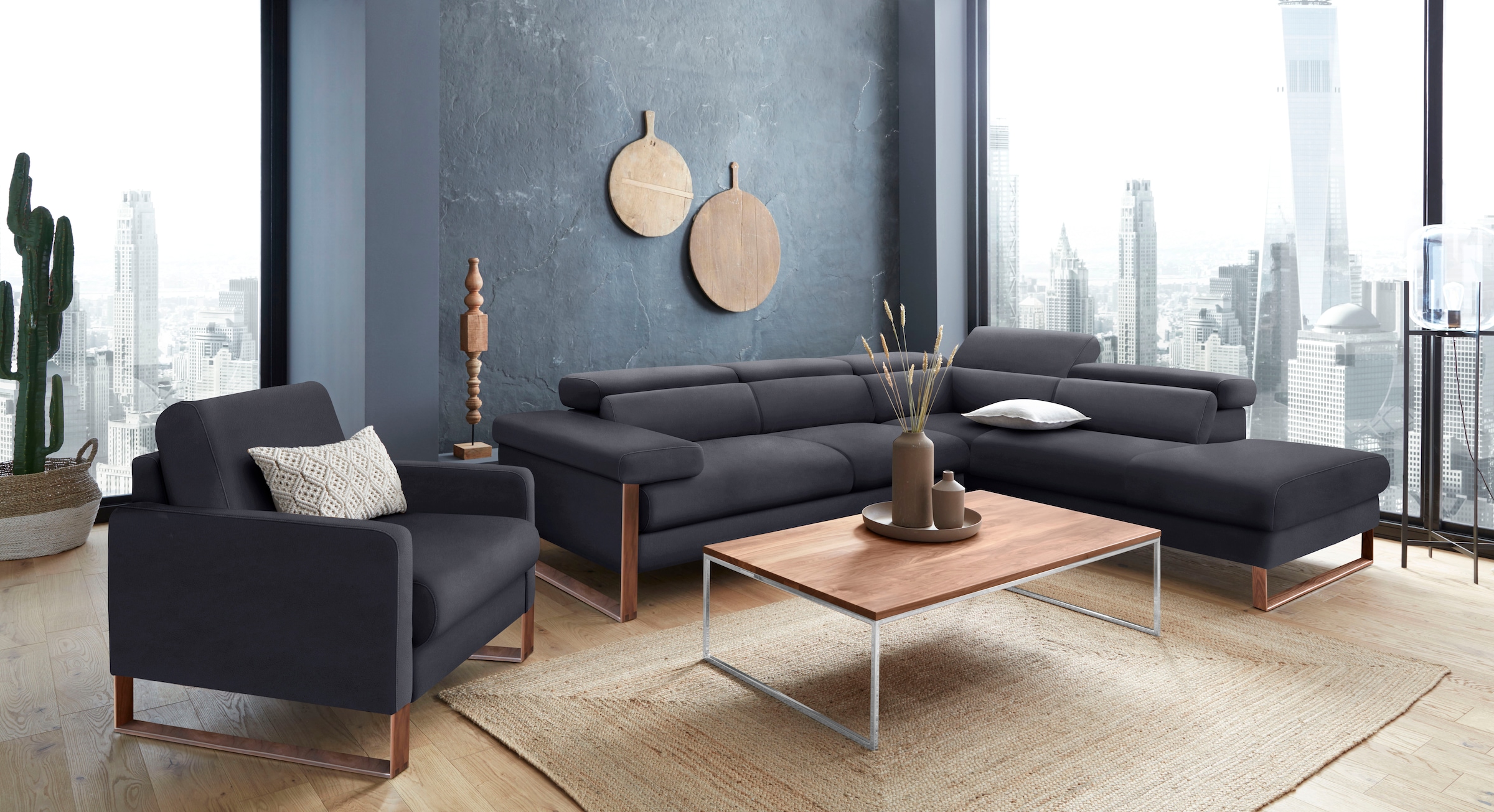W.SCHILLIG Ecksofa »finn, Designsofa mit tollem Sitzkomfort, bequem, L-Form«, German Design Award 2016, Fußgestell Nussbaum natur, Breite 281 cm