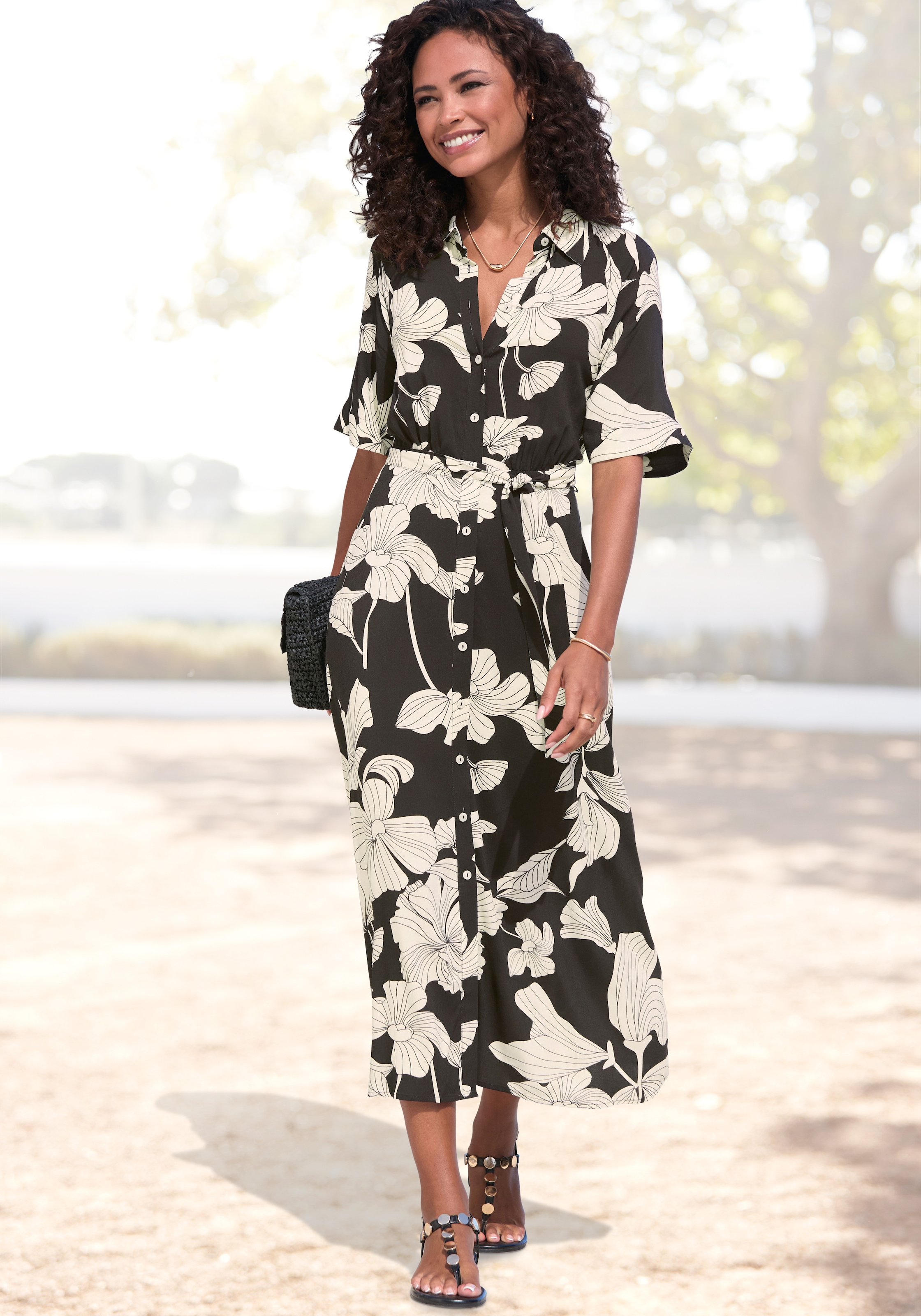 Vivance Hemdblusenkleid "mit klassischem Blusenkragen aus leichter Webware mit Blumendruck" Ohne Taschen Sommerliches Viskosekleid, Sommerkleid, Webkleid, casual