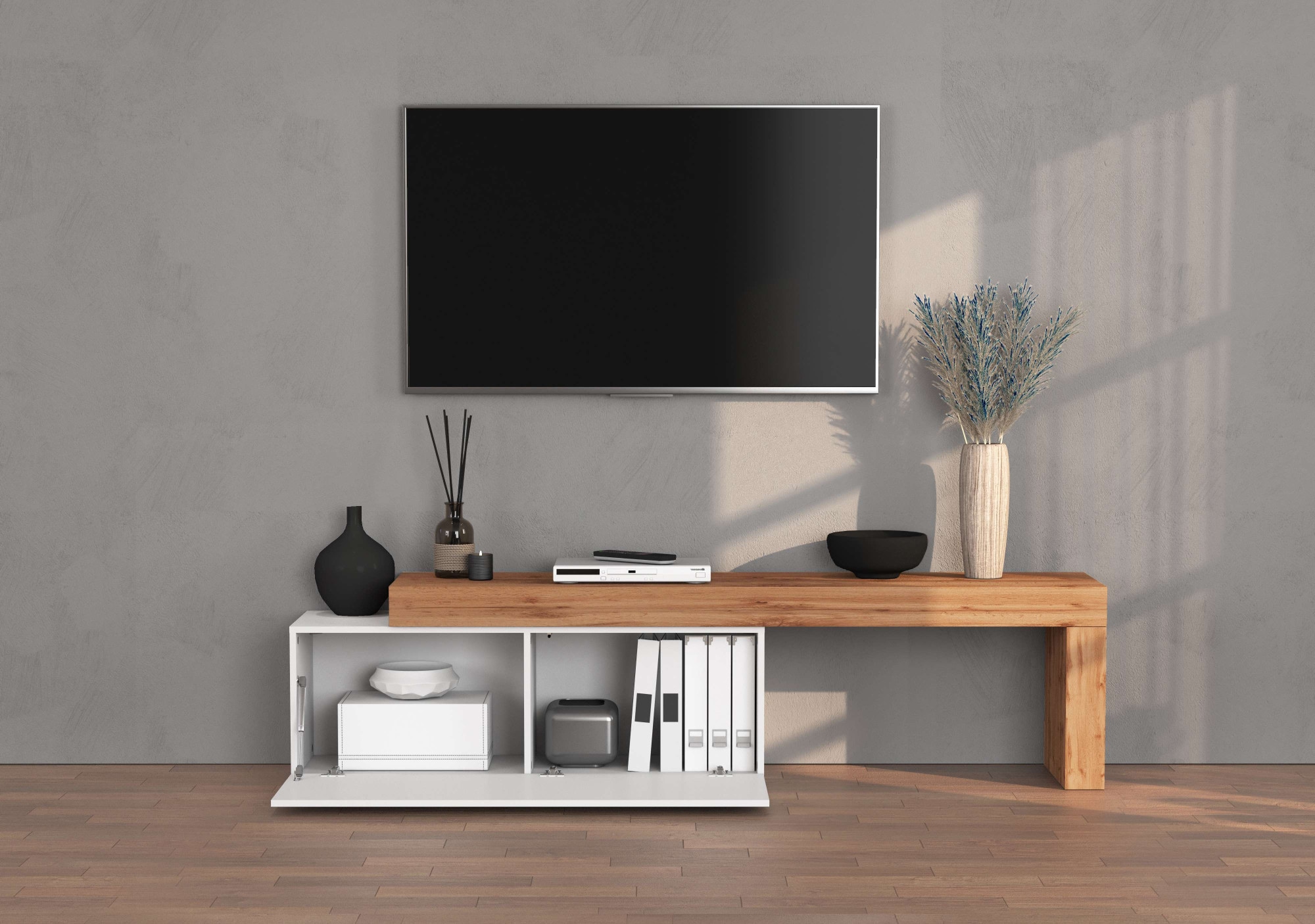 INOSIGN TV-Board »Chronos TV-Board, Lowboard«, (1 St., Breite verstellbar von 180 bis 290 cm), Breite 240 cm TV-Board,Lowboard,1 Klappe und ein L-Förmiger Aufsatz
