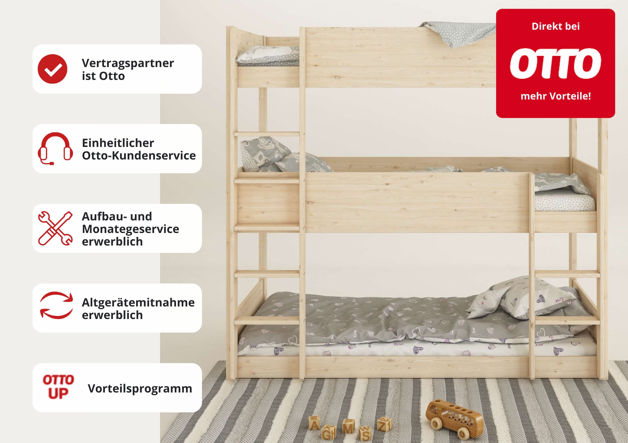 OTTO home Etagenbett »TIPO , Stockbett, Hochbett, Bodenbett, platzsparend« Leitern beidseitig montierbar,  mit 3 Schlafplätzen, FSC® zertifiziertes Massivholz (Kiefer)