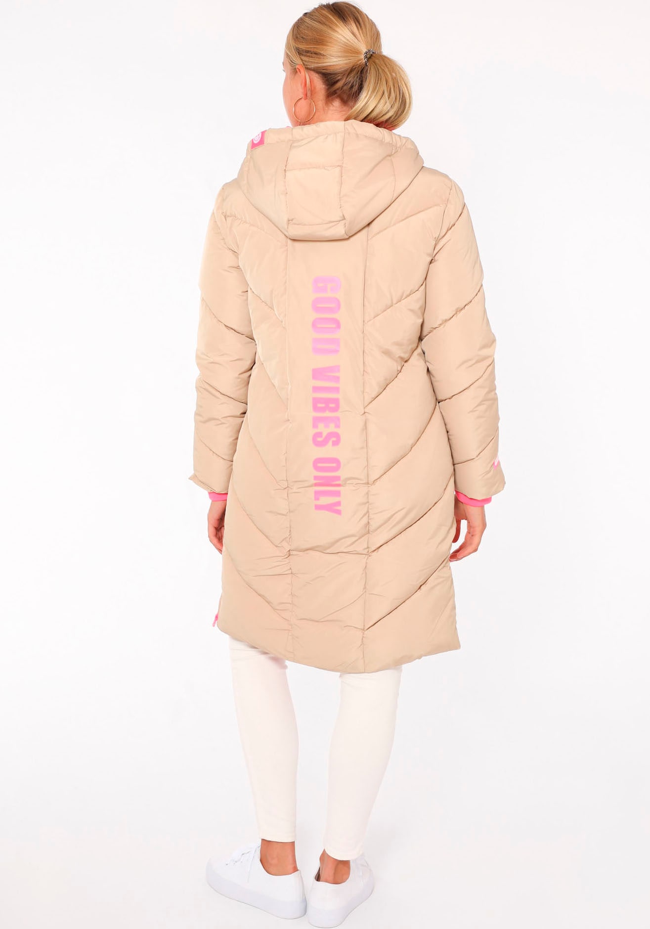 Zwillingsherz Steppjacke »"Good Vibes Only"«, mit Kapuze, mit Kapuze, Backprint und bedrucktem Zugband