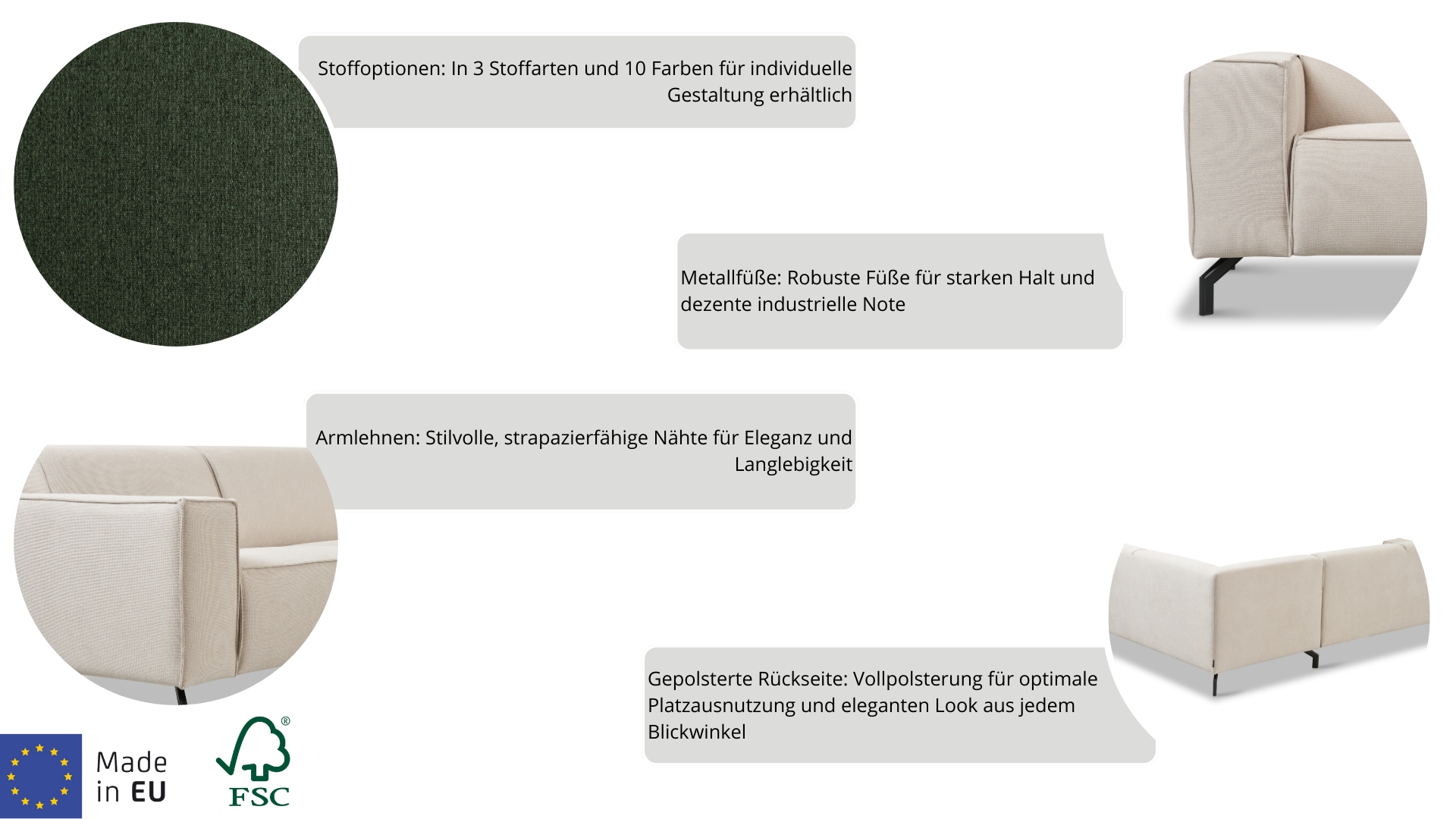 PLACES OF STYLE Ecksofa »Lorcan, Breite 275 cm, weiches Sitzgefühl« mit schwarzen Metallfüßen, Lederoptik und in weichem Strukturstoff