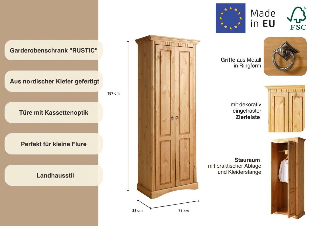 Home affaire Garderobenschrank »Rustic«, aus massiver Kiefer, Breite 71 cm, mit Kassetenoptik