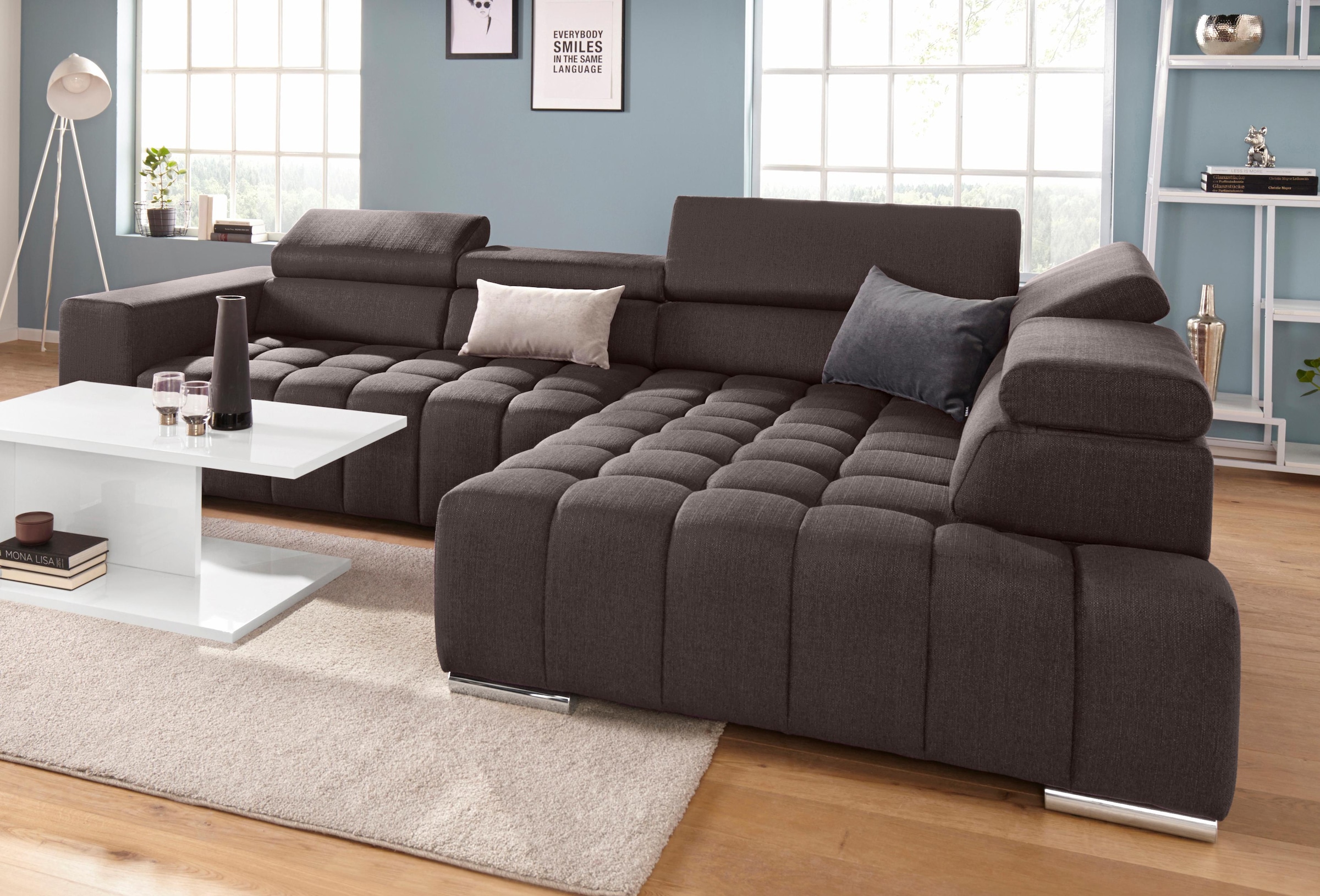 exxpo - sofa fashion Ecksofa »Elias, aktuelle Kreuzsteppung im Sitz, bequem, Breite 307cm, L-Form« mit Kopf- bzw. Rückenverstellung, wahlweise mit Bettfunktion