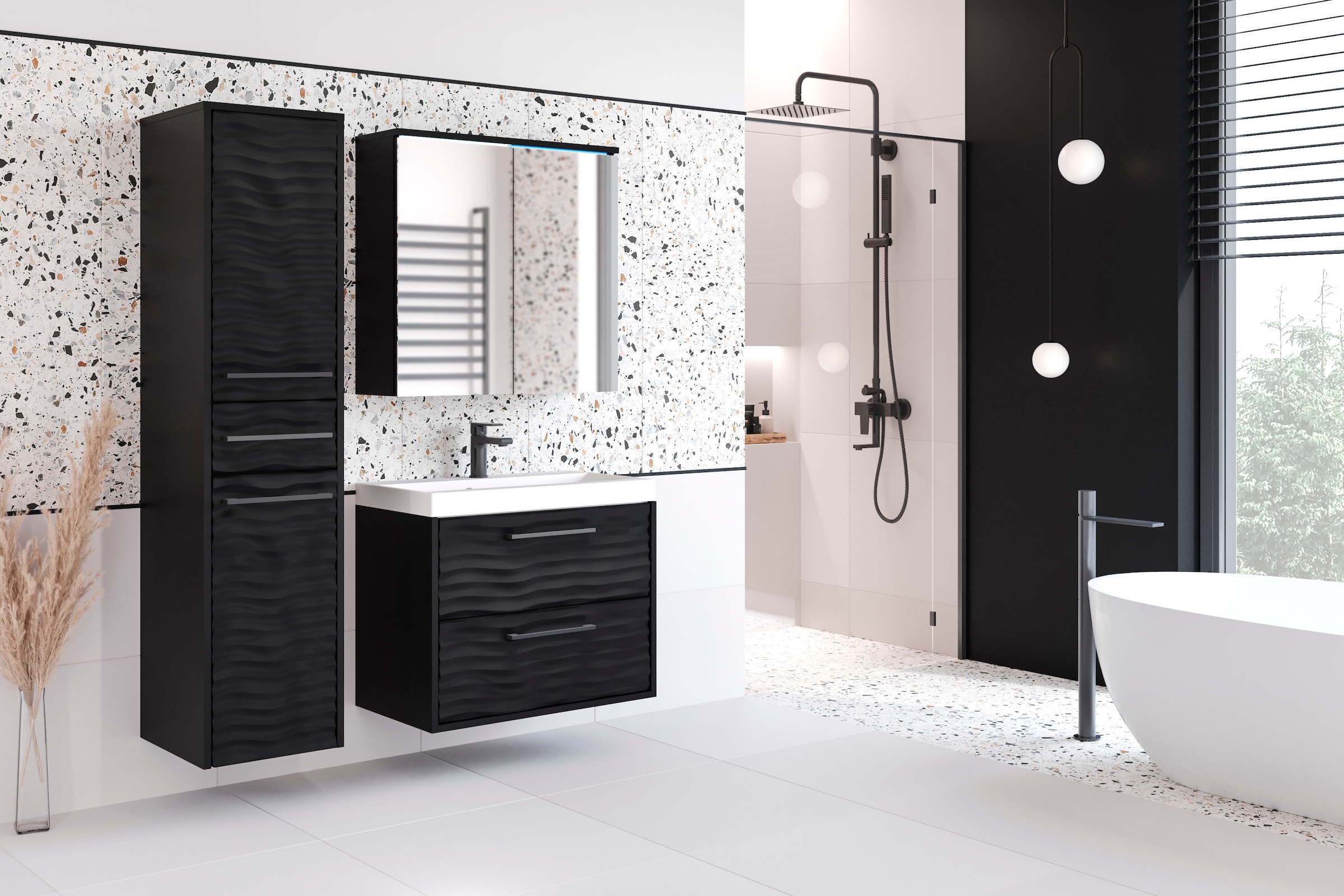 welltime Badmöbel-Set »Canada - Fronten mit Wellenstruktur« Komplett-Set, Fronten mit Wellenstruktur, 3 Stk. tlg.